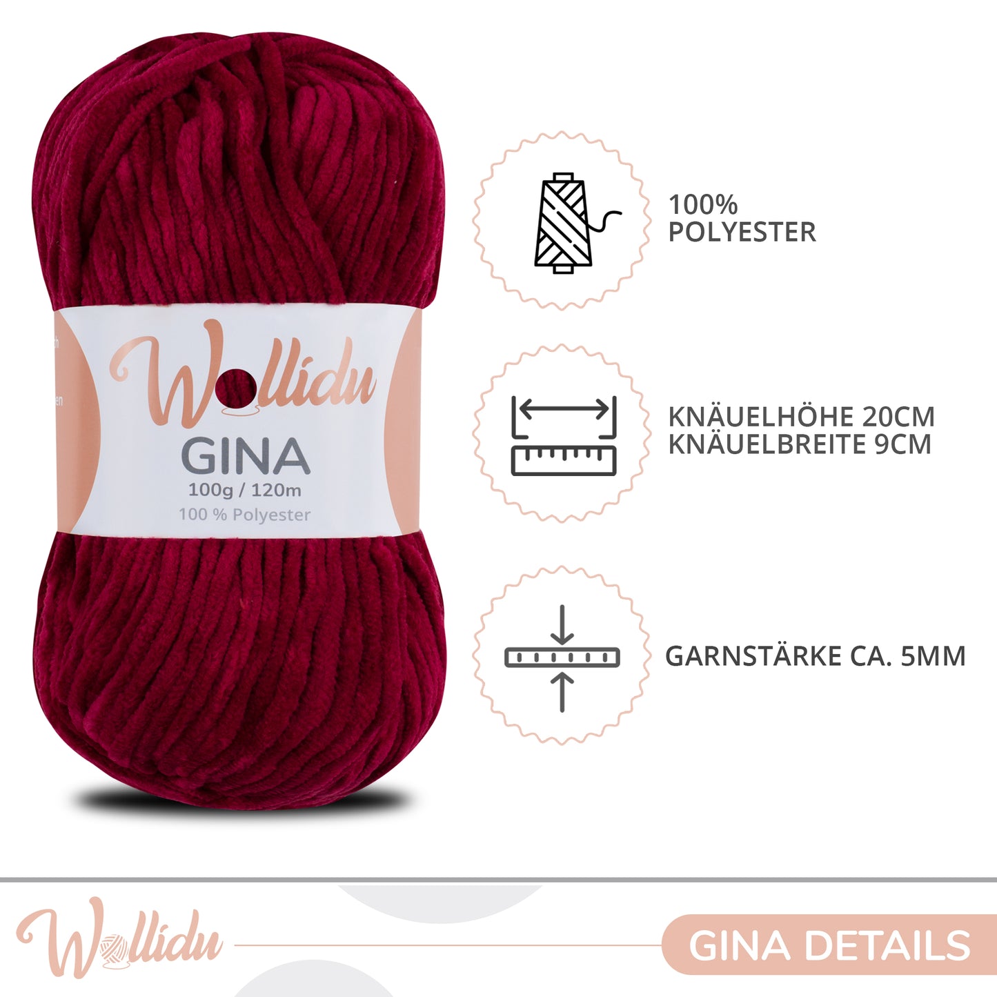 Wollidu Gina 100% Polyester 5 x 100g/120m - Dunkelrot Weinrot