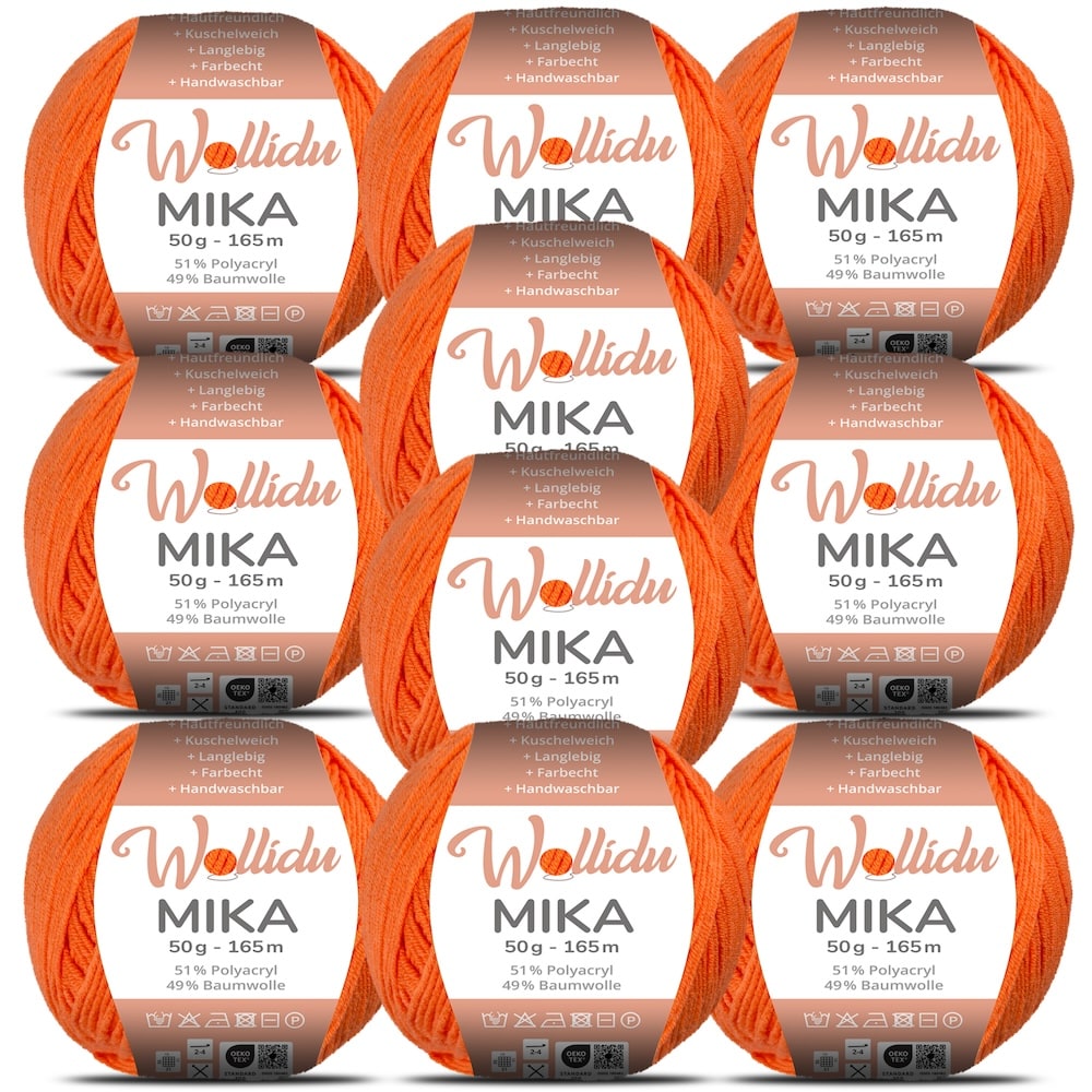 Wollidu Mika Baumwolle zum Häkeln und Stricken Mischung 51% Polyacryl 49% Baumwolle Häkelgarn Strickgarn 10x 50g/165m - Orange
