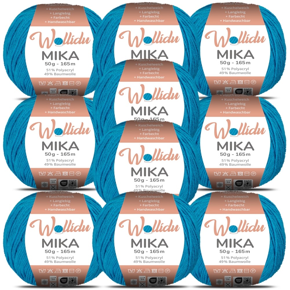 Wollidu Mika Baumwolle zum Häkeln und Stricken Mischung 51% Polyacryl 49% Baumwolle Häkelgarn Strickgarn 10x 50g/165m - Ozeanblau