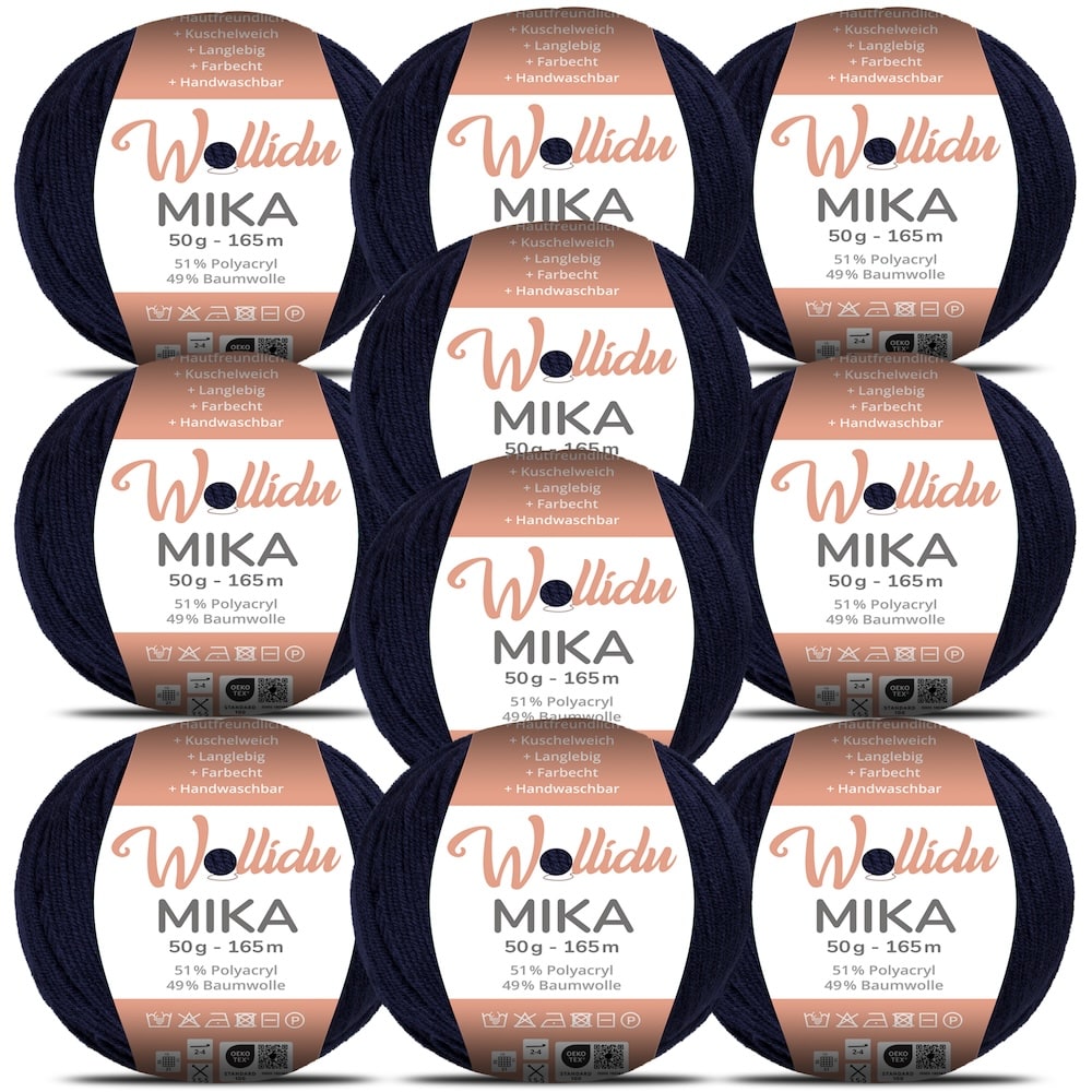 Wollidu Mika Baumwolle zum Häkeln und Stricken Mischung 51% Polyacryl 49% Baumwolle Häkelgarn Strickgarn 10x 50g/165m - Nachtblau