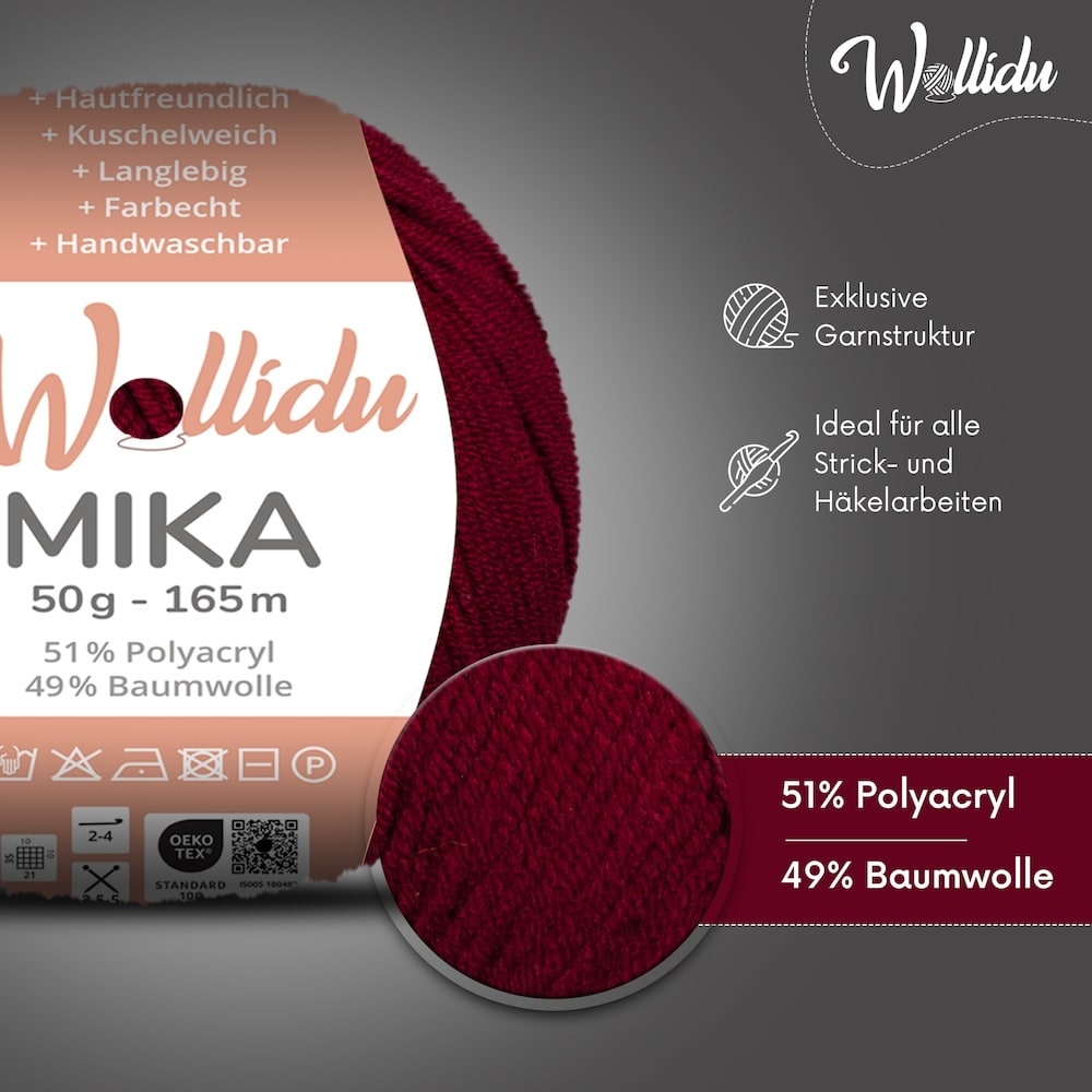 Wollidu Mika Baumwolle zum Häkeln und Stricken Mischung 51% Polyacryl 49% Baumwolle Häkelgarn Strickgarn 10x 50g/165m - Burgunder Weinrot
