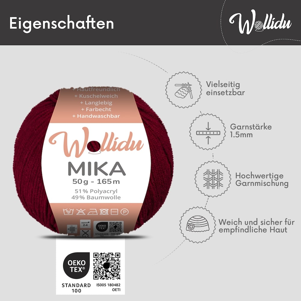 Wollidu Mika Baumwolle zum Häkeln und Stricken Mischung 51% Polyacryl 49% Baumwolle Häkelgarn Strickgarn 10x 50g/165m - Burgunder Weinrot