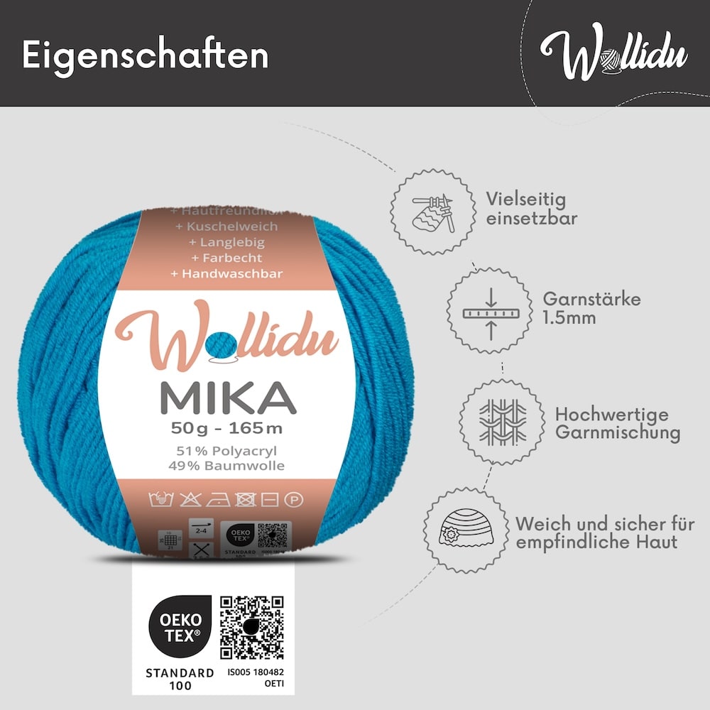 Wollidu Mika Baumwolle zum Häkeln und Stricken Mischung 51% Polyacryl 49% Baumwolle Häkelgarn Strickgarn 10x 50g/165m - Ozeanblau