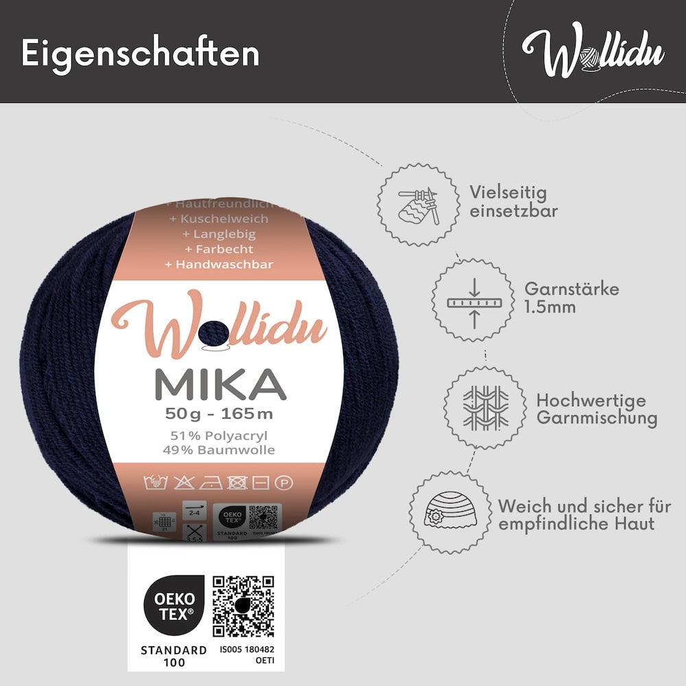 Wollidu Mika Baumwolle zum Häkeln und Stricken Mischung 51% Polyacryl 49% Baumwolle Häkelgarn Strickgarn 10x 50g/165m - Nachtblau