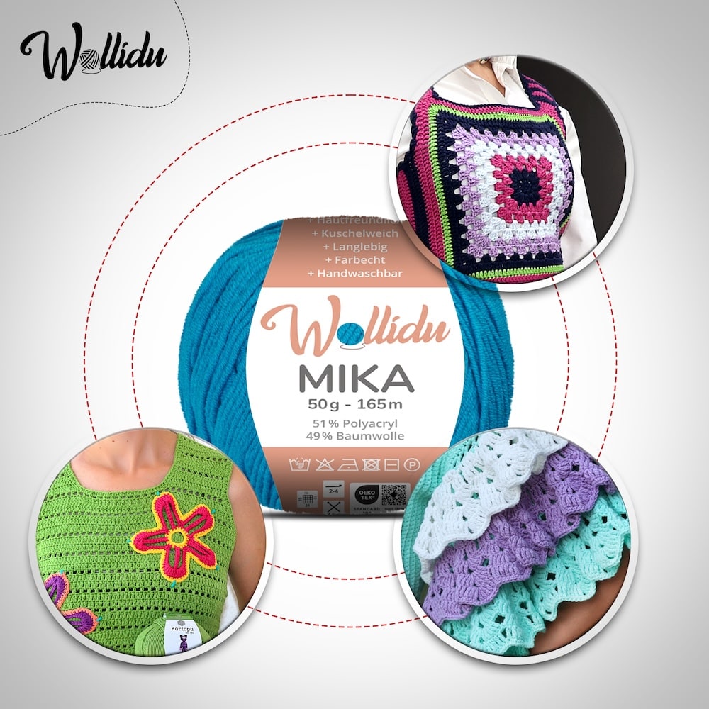 Wollidu Mika Baumwolle zum Häkeln und Stricken Mischung 51% Polyacryl 49% Baumwolle Häkelgarn Strickgarn 10x 50g/165m - Ozeanblau