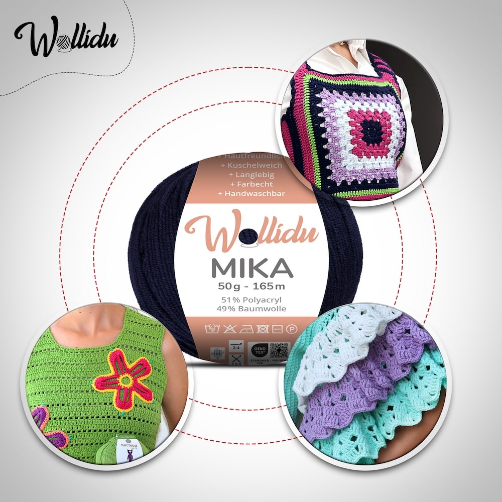 Wollidu Mika Baumwolle zum Häkeln und Stricken Mischung 51% Polyacryl 49% Baumwolle Häkelgarn Strickgarn 10x 50g/165m - Nachtblau