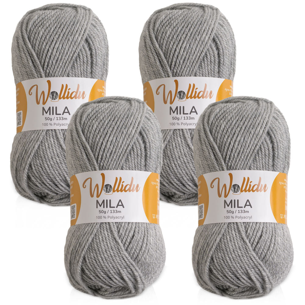 Wollidu Mila Garn zum Häkeln und Stricken 4 x 50g/133m Strickgarn 100% Polyacryl Häkelgarn Hellgrau