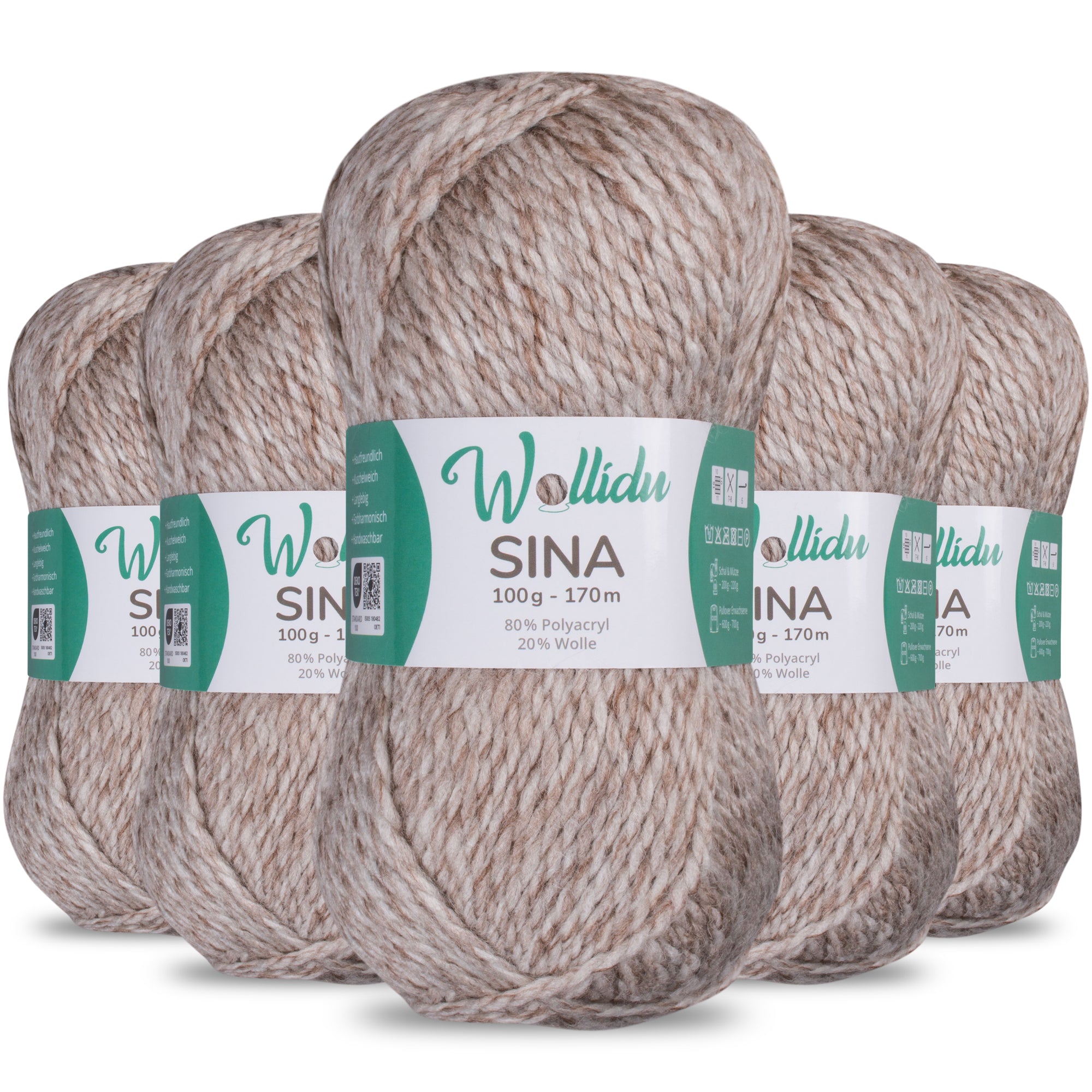 Sina 5er-Pack 100g – Premium Strick- & Häkelwolle aus Acryl & Schafwolle (OEKO-TEX®, mulesingfrei, 500g Gesamt)