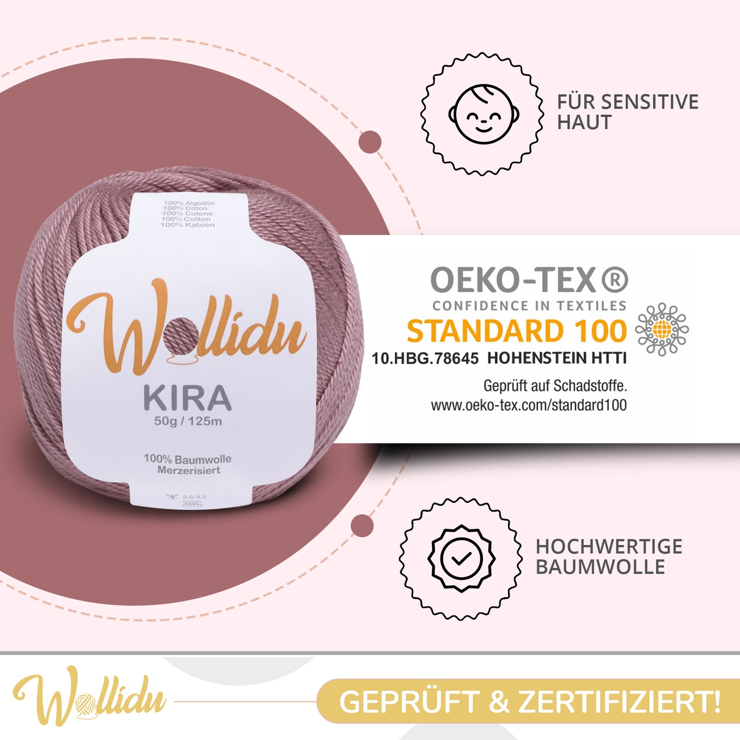 Wollidu Kira 10er Set 100% Baumwolle mercirisiert - 10x 50g Häkelgarn Strickgarn Hellbraun