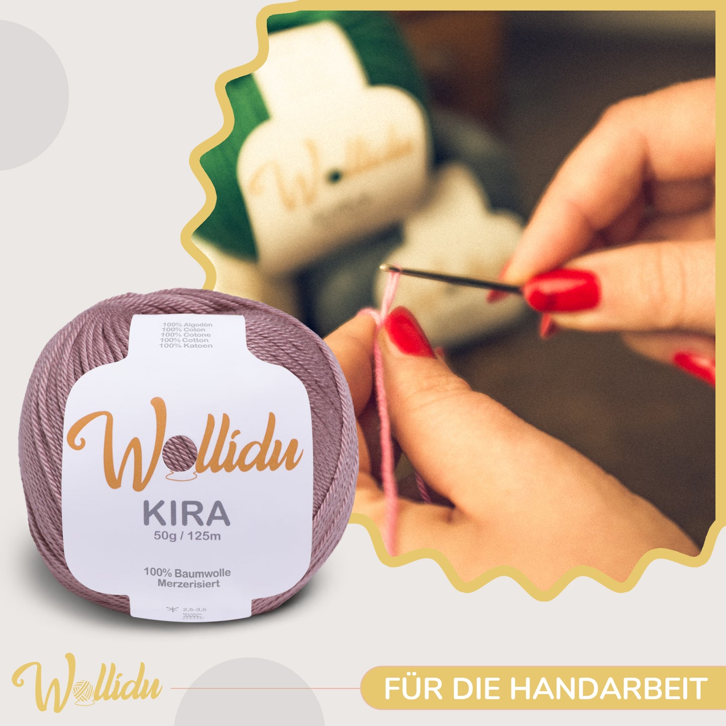 Wollidu Kira 10er Set 100% Baumwolle mercirisiert - 10x 50g Häkelgarn Strickgarn Hellbraun