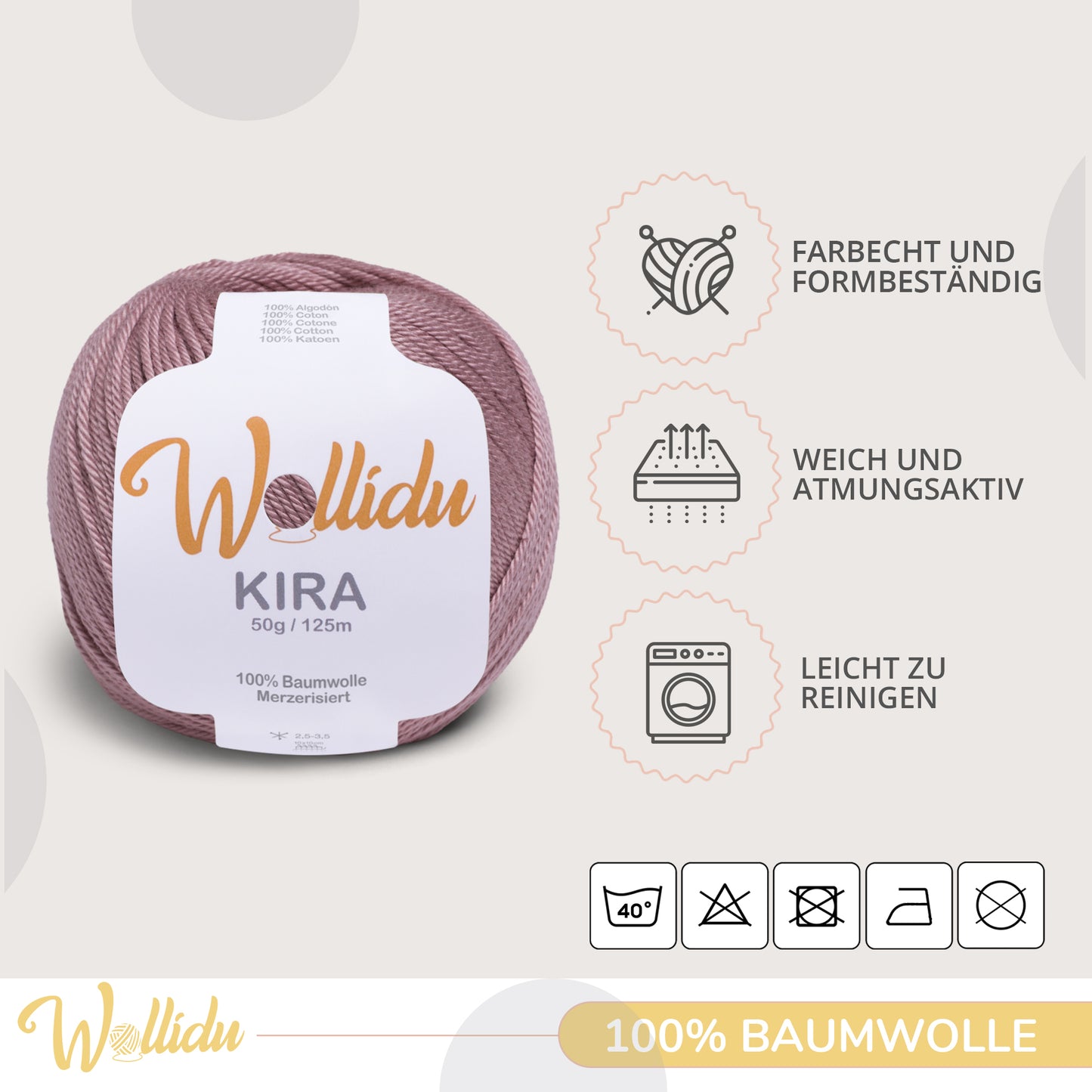 Wollidu Kira 10er Set 100% Baumwolle mercirisiert - 10x 50g Häkelgarn Strickgarn Hellbraun