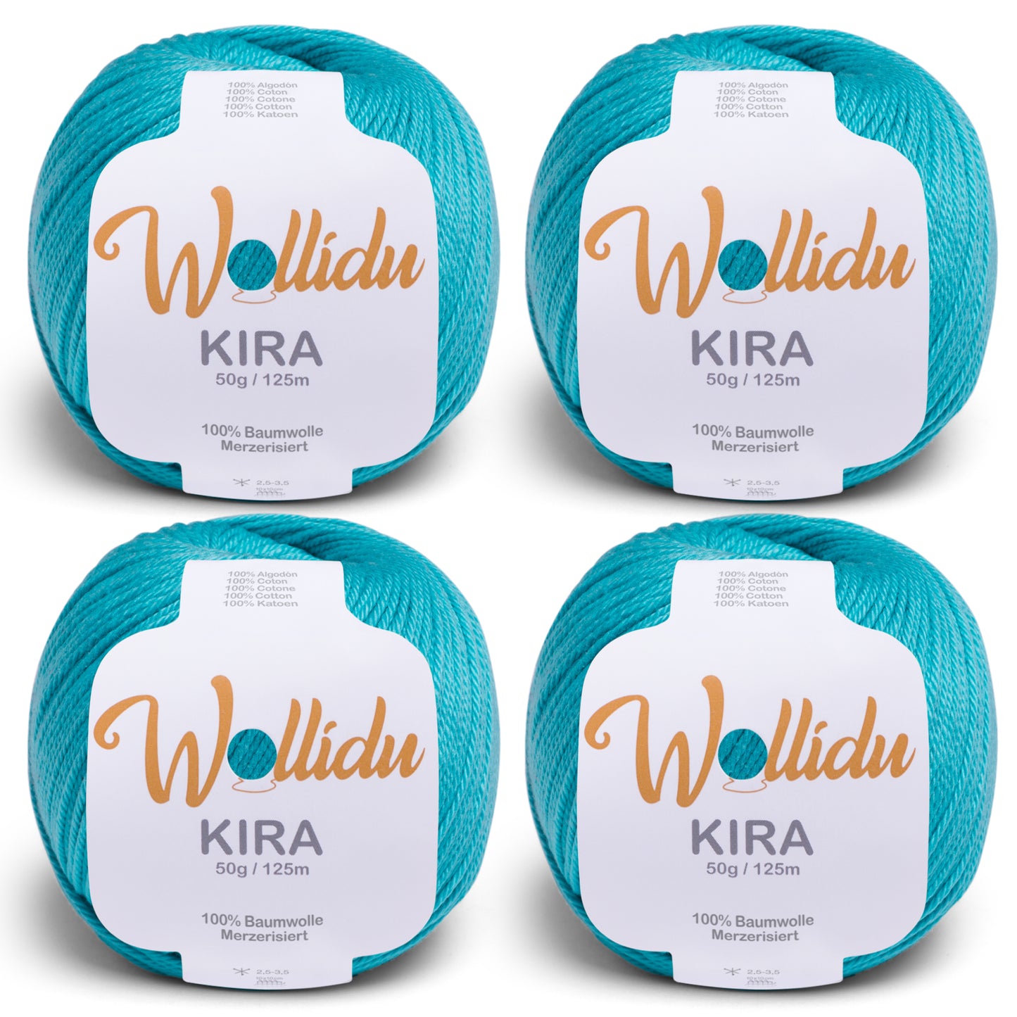 Wollidu Kira 4er Set 100% Baumwolle mercirisiert - 4x 50g Häkelgarn Strickgarn Türkis