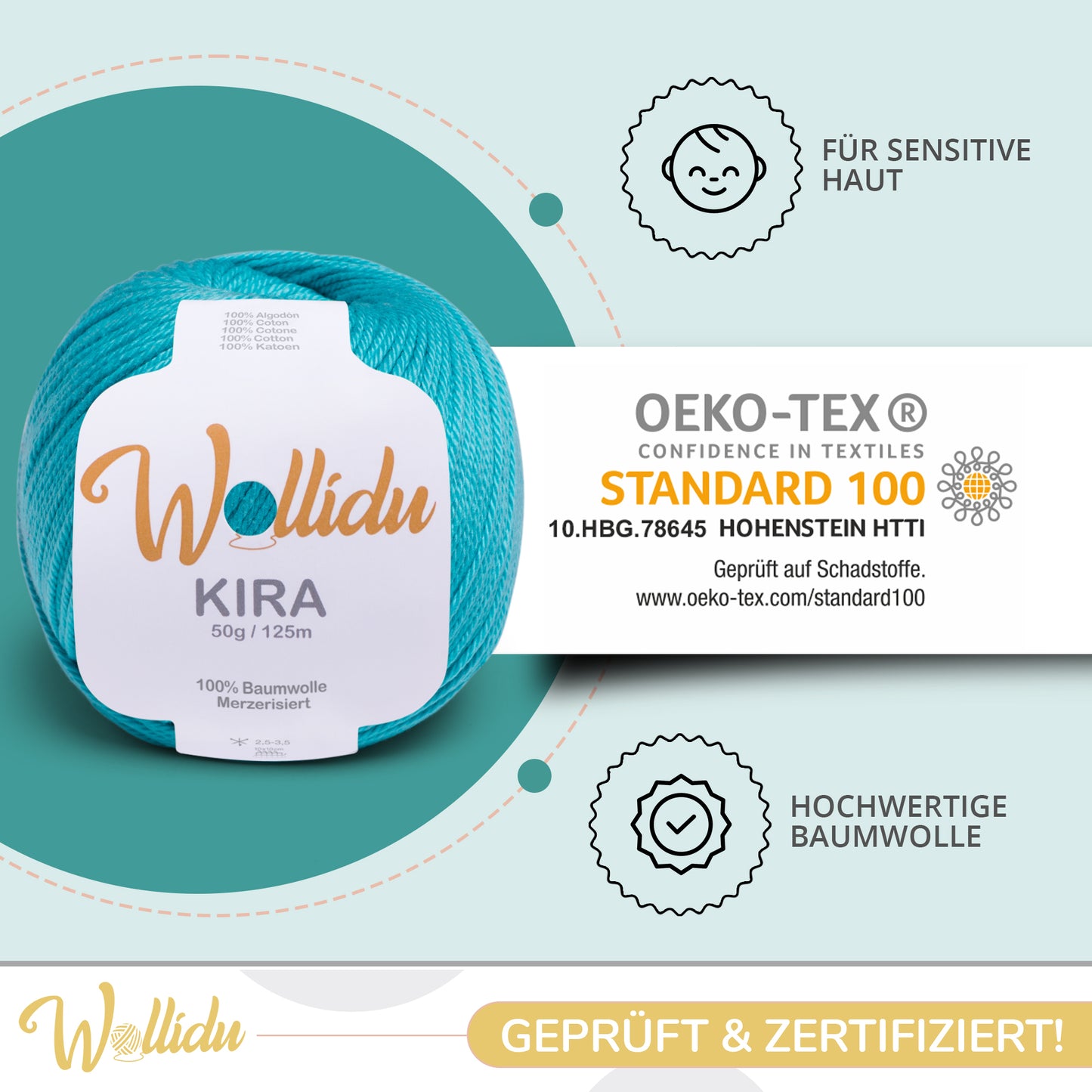 Wollidu Kira 4er Set 100% Baumwolle mercirisiert - 4x 50g Häkelgarn Strickgarn Türkis