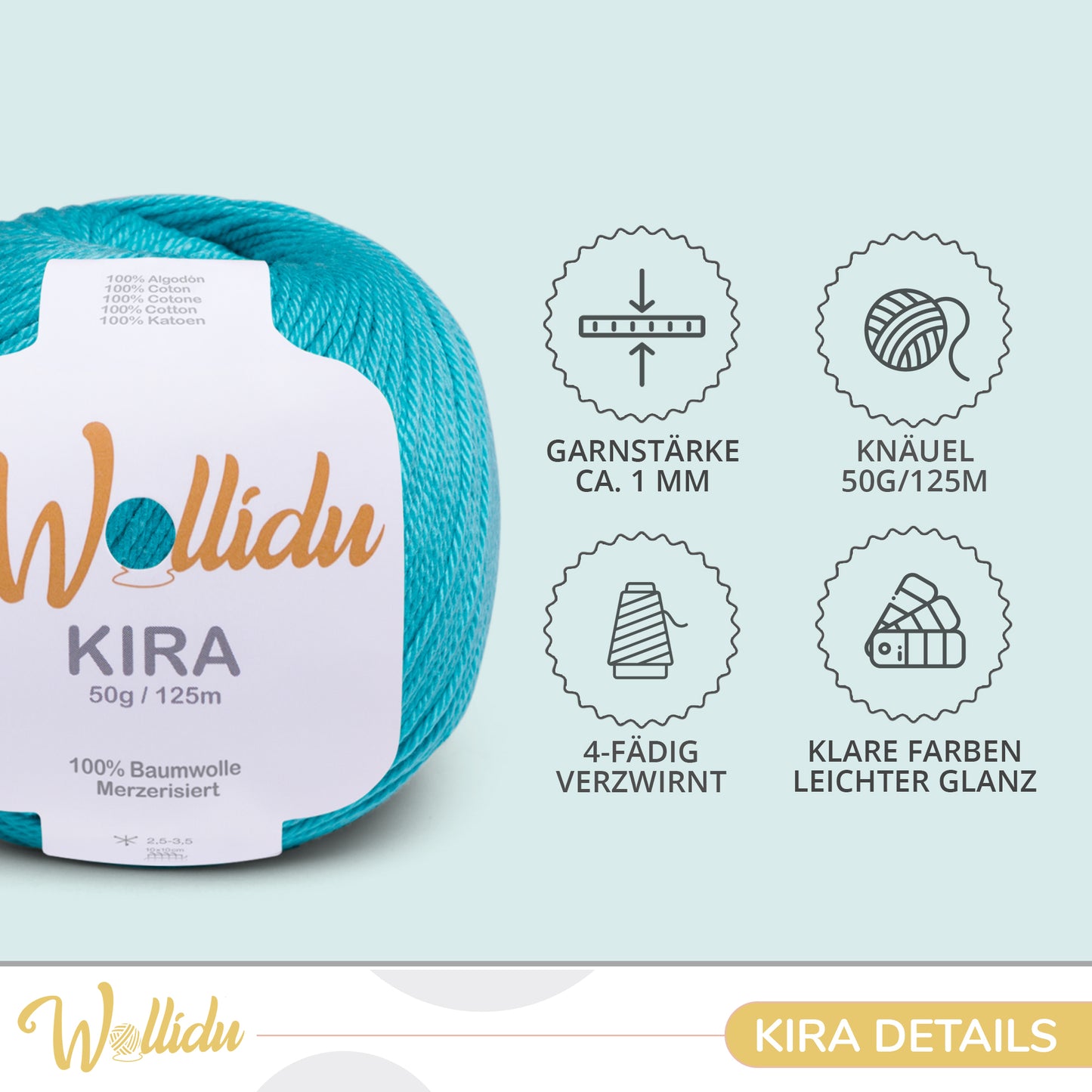Wollidu Kira 4er Set 100% Baumwolle mercirisiert - 4x 50g Häkelgarn Strickgarn Türkis