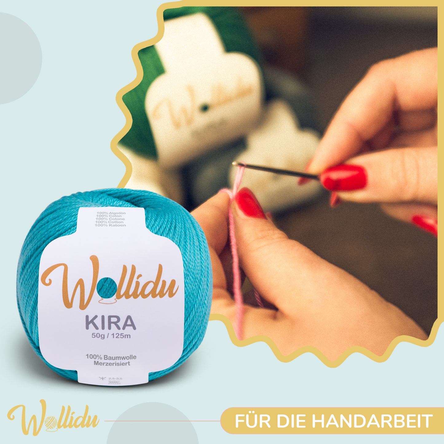 Wollidu Kira 4er Set 100% Baumwolle mercirisiert - 4x 50g Häkelgarn Strickgarn Türkis