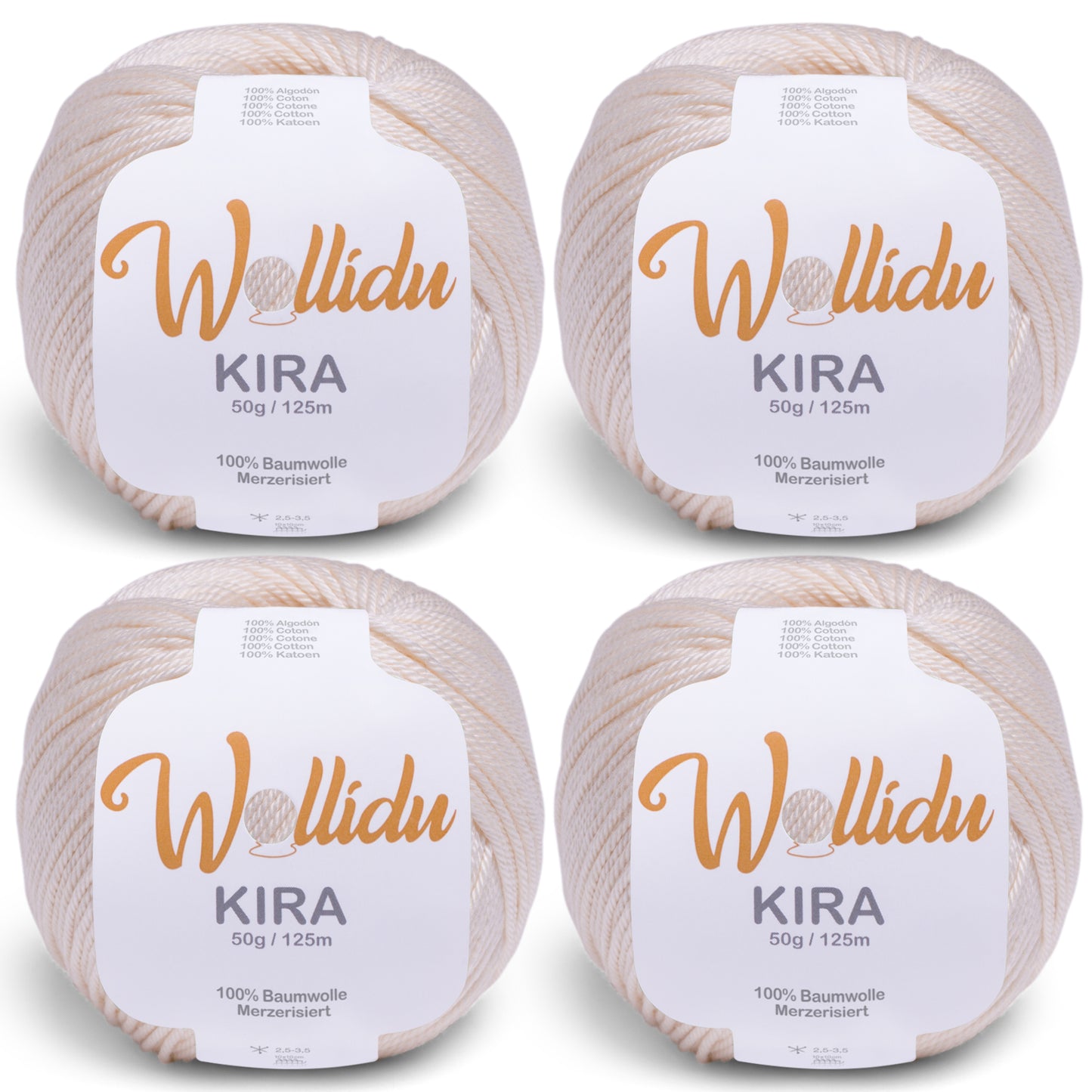 Wollidu Kira 4er Set 100% Baumwolle mercirisiert - 4x 50g Häkelgarn Strickgarn Creme