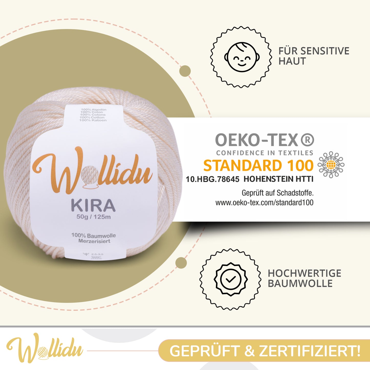 Wollidu Kira 4er Set 100% Baumwolle mercirisiert - 4x 50g Häkelgarn Strickgarn Creme