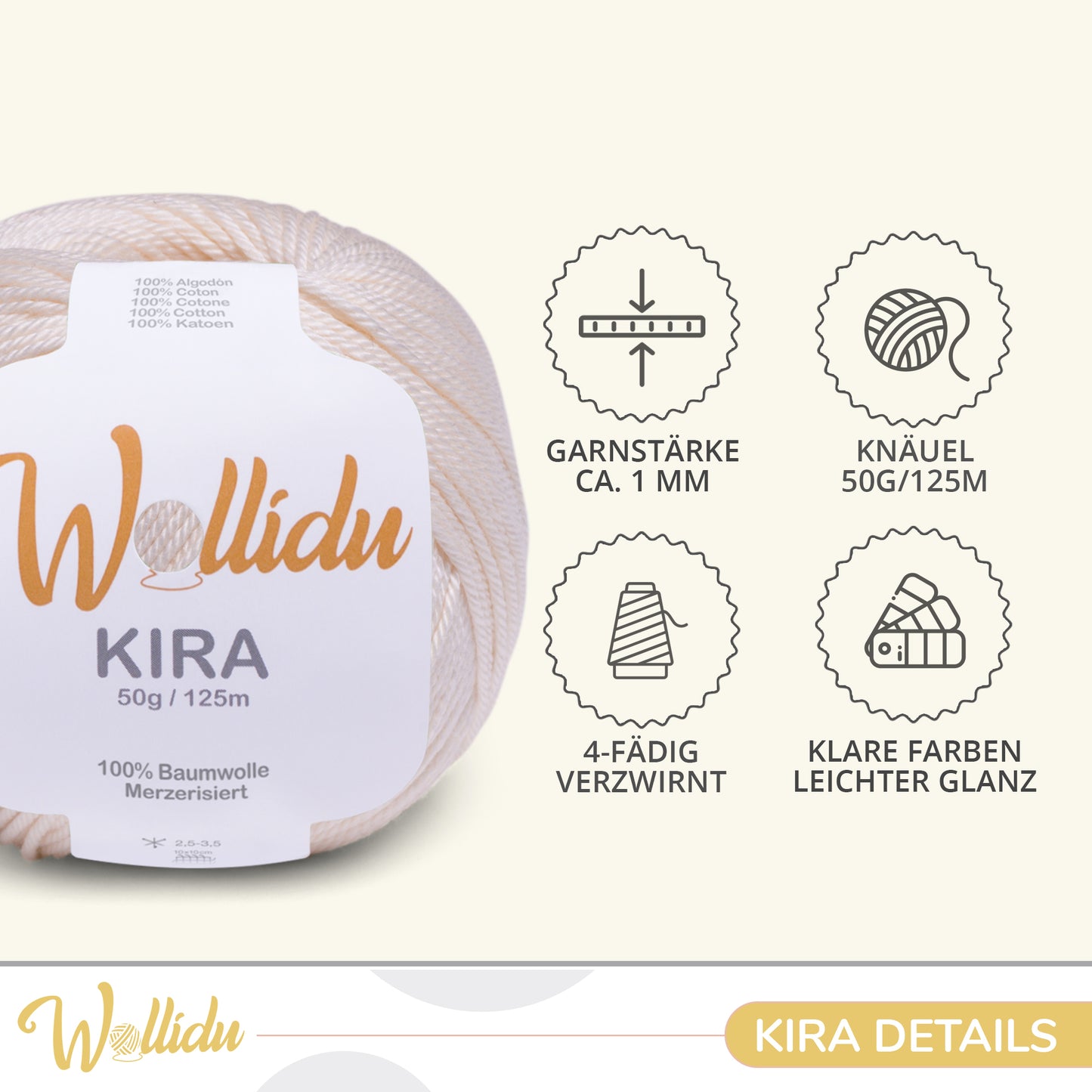 Wollidu Kira 4er Set 100% Baumwolle mercirisiert - 4x 50g Häkelgarn Strickgarn Creme