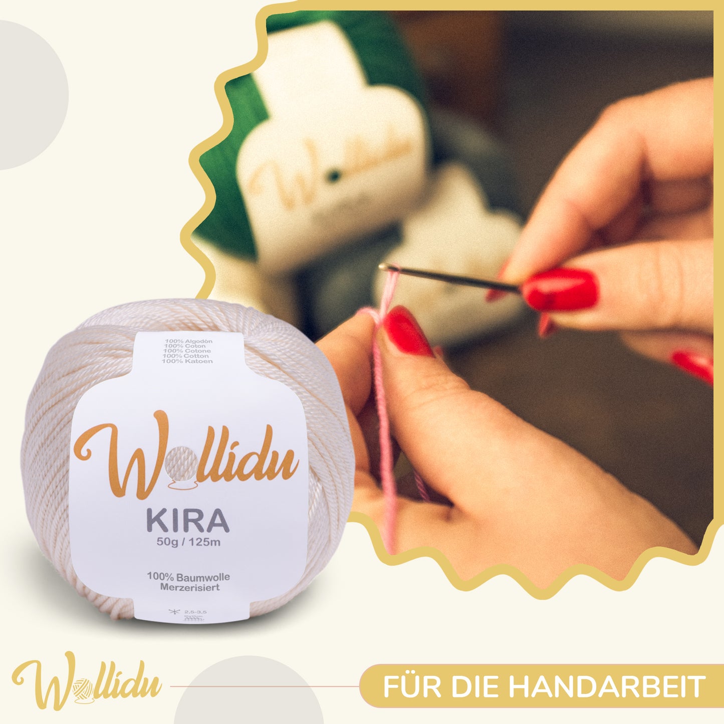 Wollidu Kira 4er Set 100% Baumwolle mercirisiert - 4x 50g Häkelgarn Strickgarn Creme
