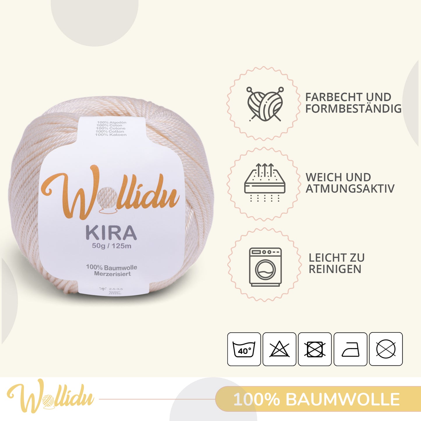 Wollidu Kira 4er Set 100% Baumwolle mercirisiert - 4x 50g Häkelgarn Strickgarn Creme