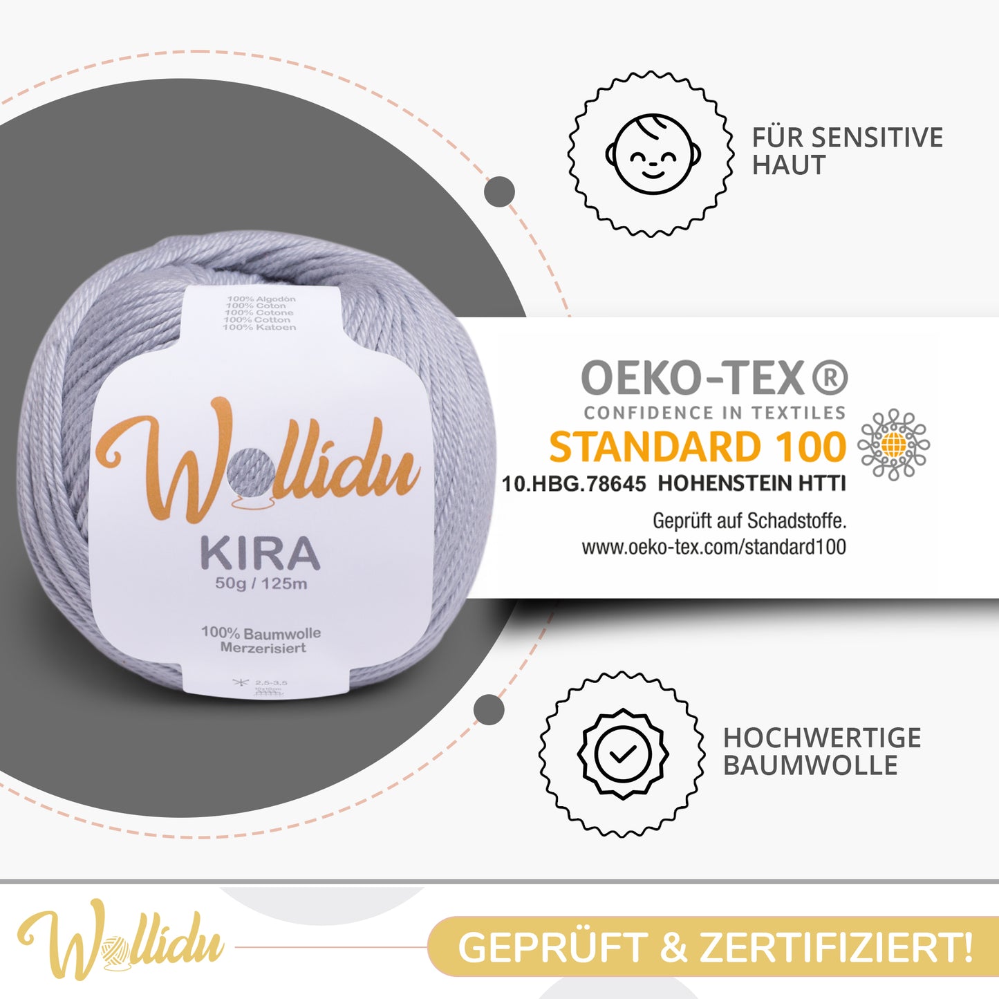 Wollidu Kira 10er Set 100% Baumwolle mercirisiert - 10x 50g Häkelgarn Strickgarn Hellgrau