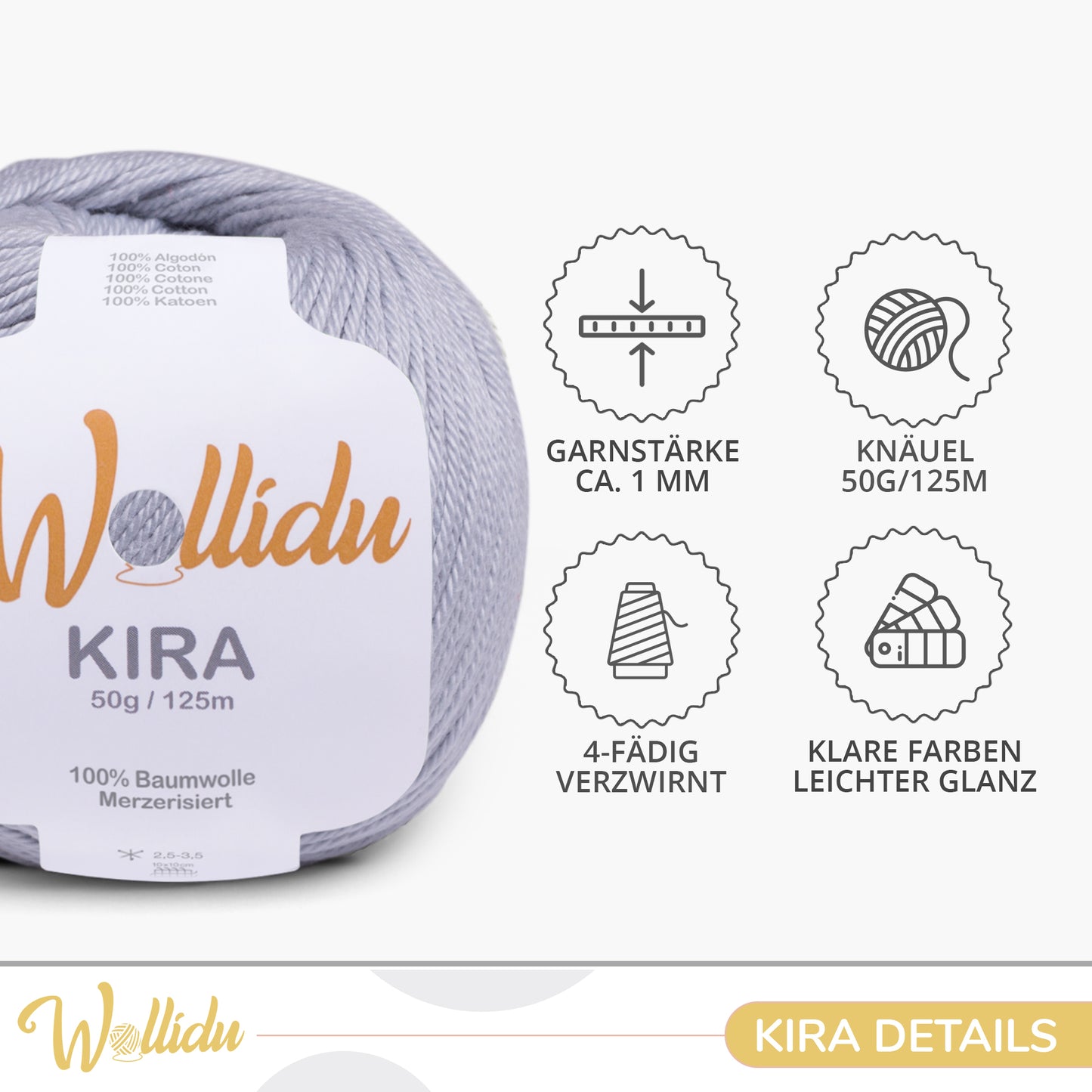 Wollidu Kira 10er Set 100% Baumwolle mercirisiert - 10x 50g Häkelgarn Strickgarn Hellgrau