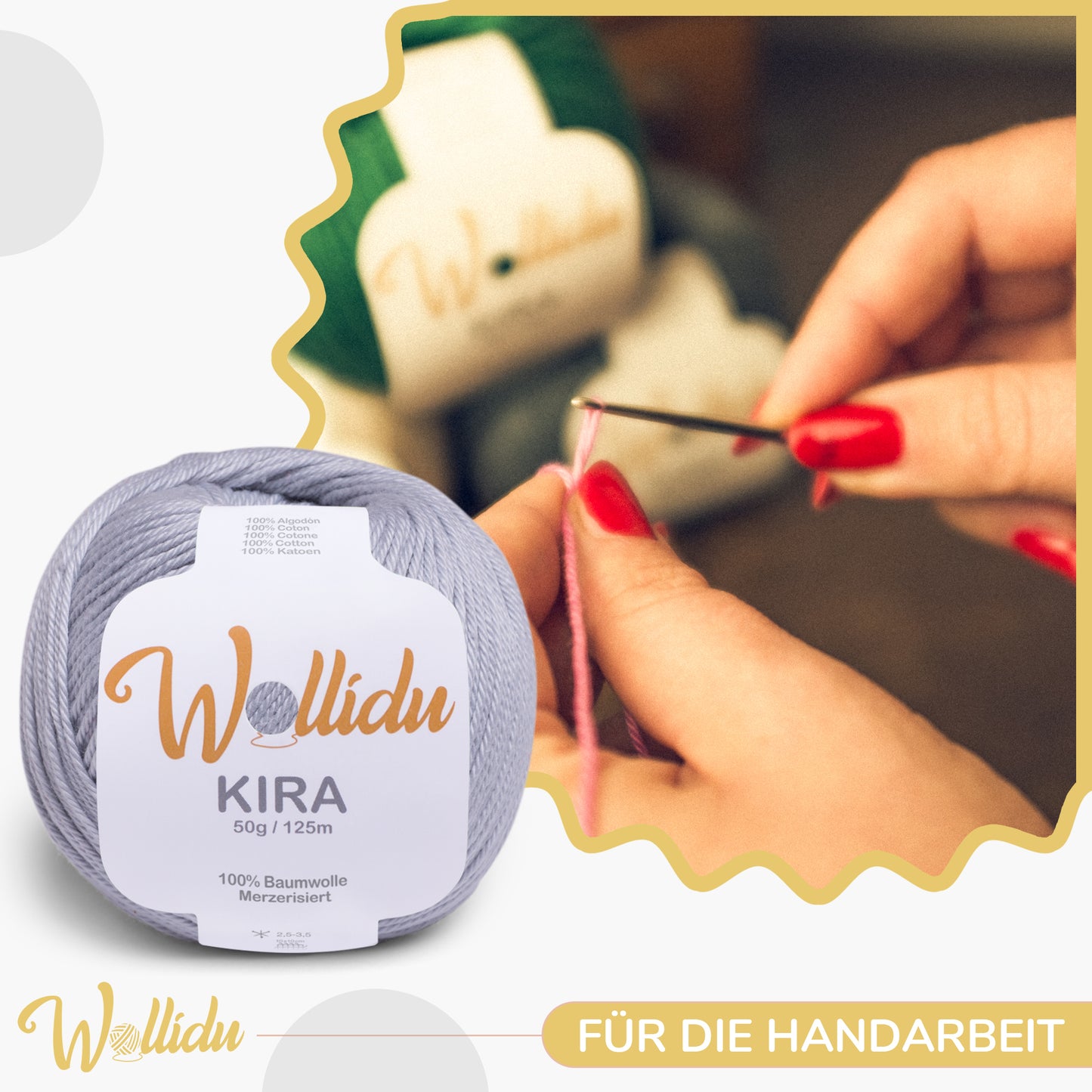 Wollidu Kira 10er Set 100% Baumwolle mercirisiert - 10x 50g Häkelgarn Strickgarn Hellgrau