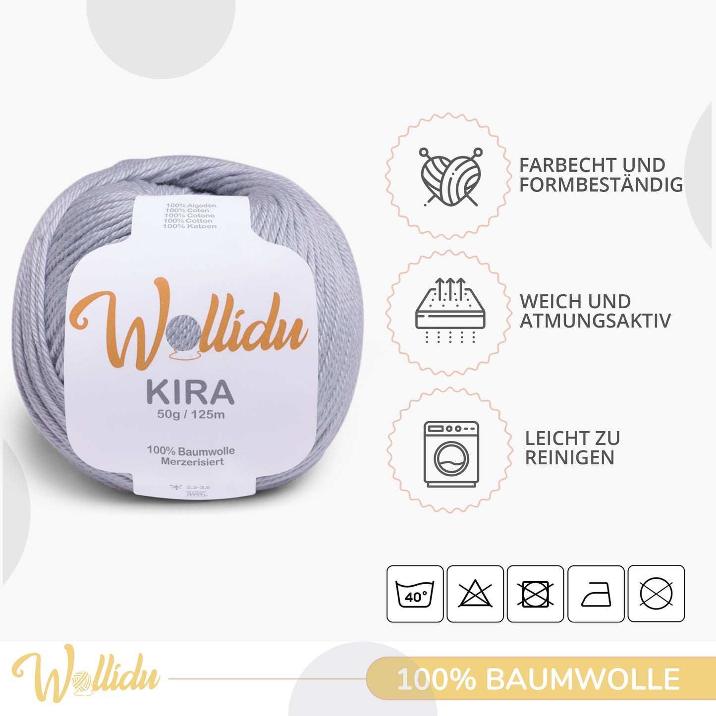 Wollidu Kira 10er Set 100% Baumwolle mercirisiert - 10x 50g Häkelgarn Strickgarn Hellgrau