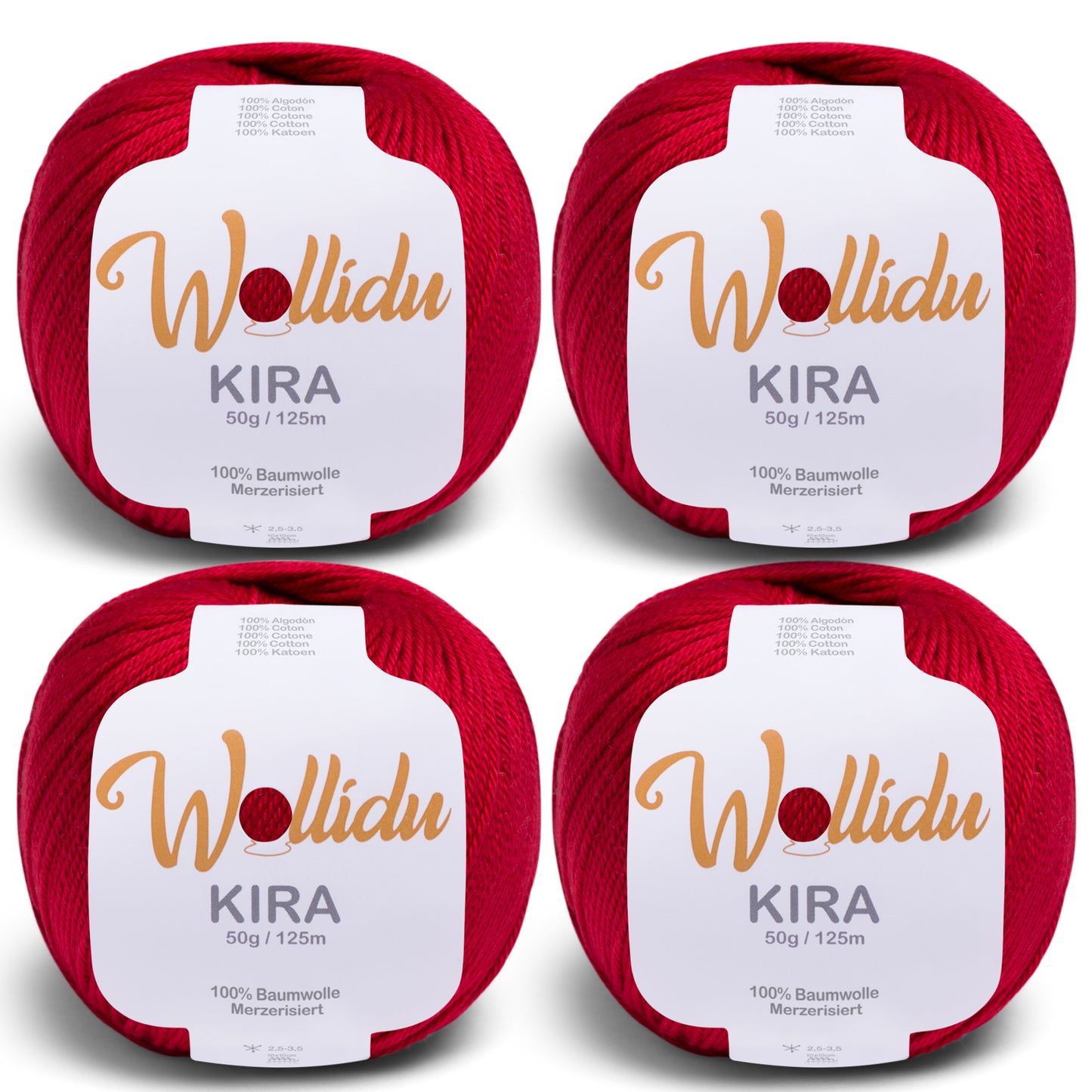 Wollidu Kira 4er Set 100% Baumwolle mercirisiert - 4x 50g Häkelgarn Strickgarn Dunkelrot