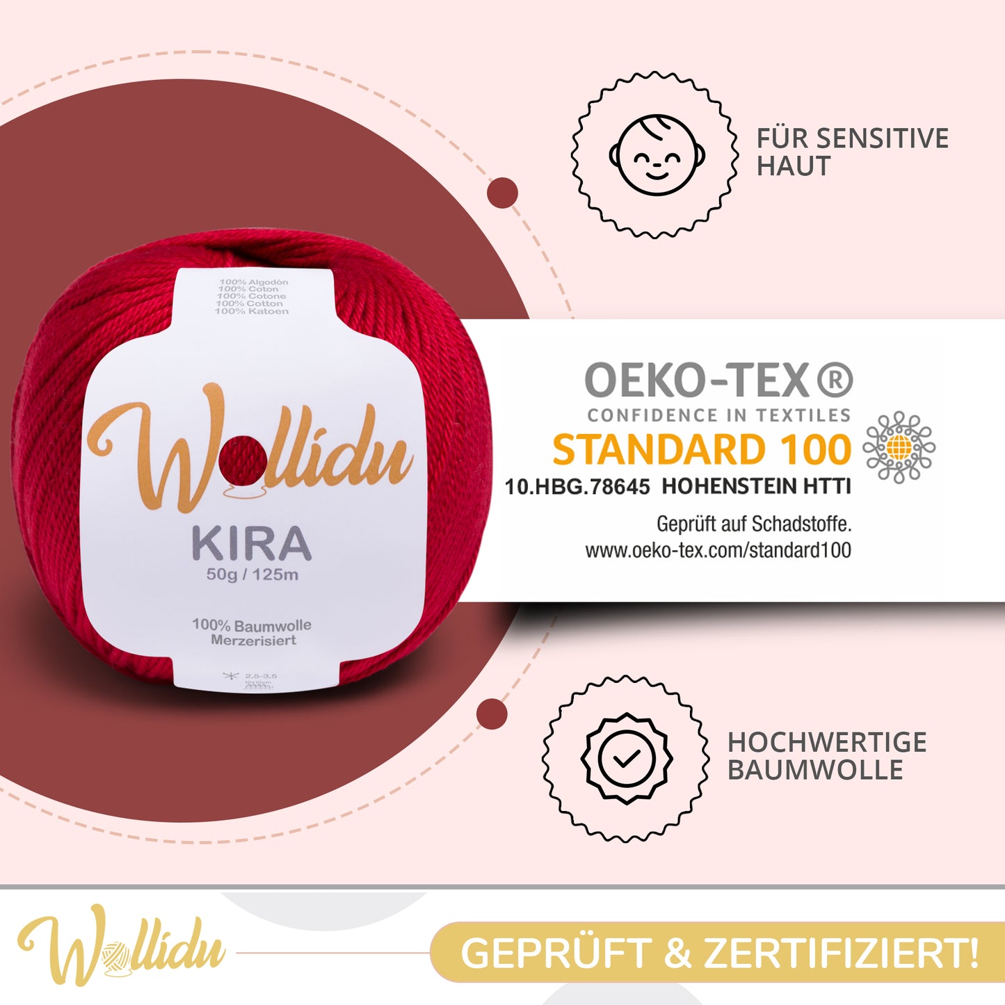 Wollidu Kira 4er Set 100% Baumwolle mercirisiert - 4x 50g Häkelgarn Strickgarn Dunkelrot