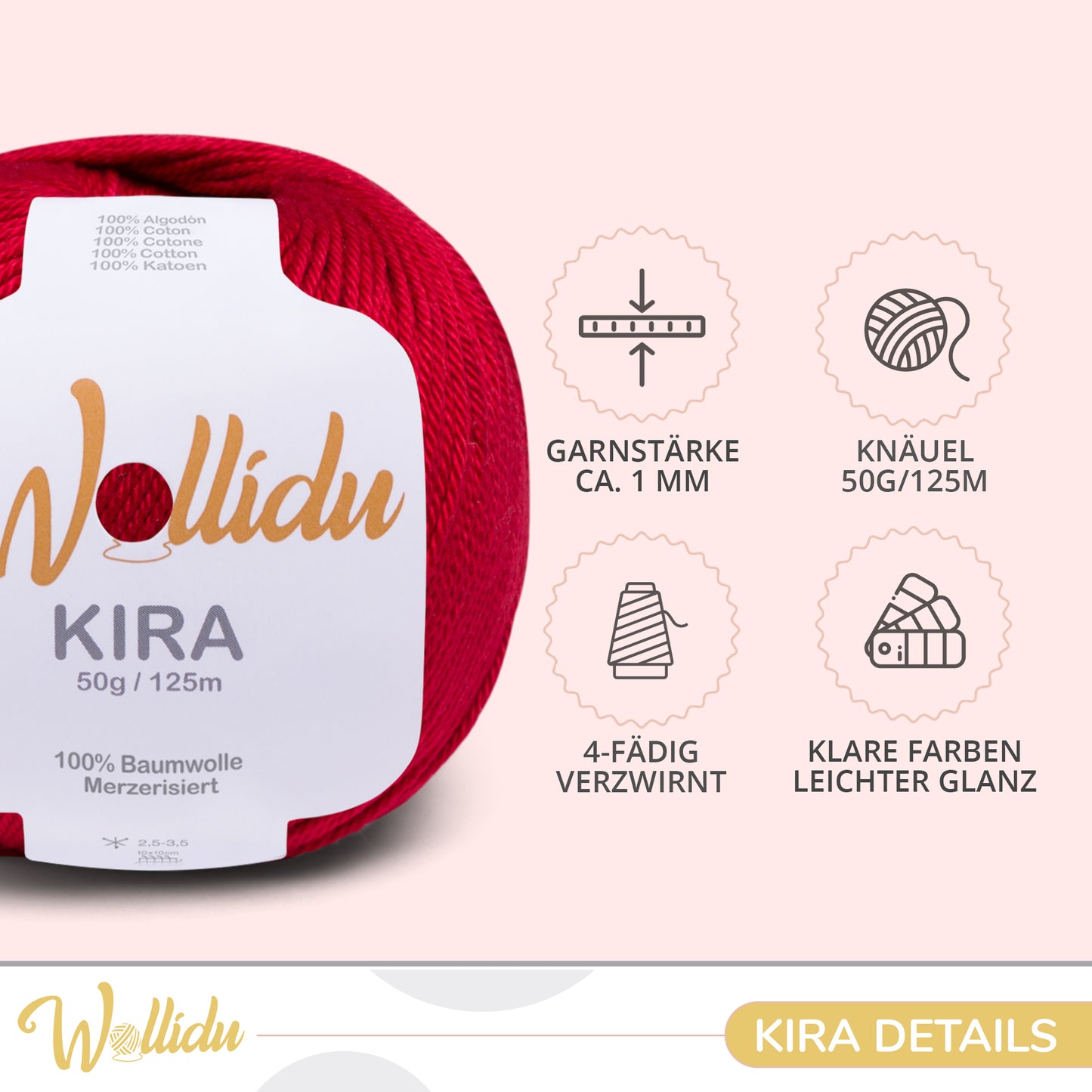 Wollidu Kira 4er Set 100% Baumwolle mercirisiert - 4x 50g Häkelgarn Strickgarn Dunkelrot