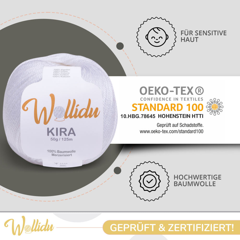 Wollidu Kira 4er Set 100% Baumwolle mercirisiert - 4x 50g Häkelgarn Strickgarn Weiß