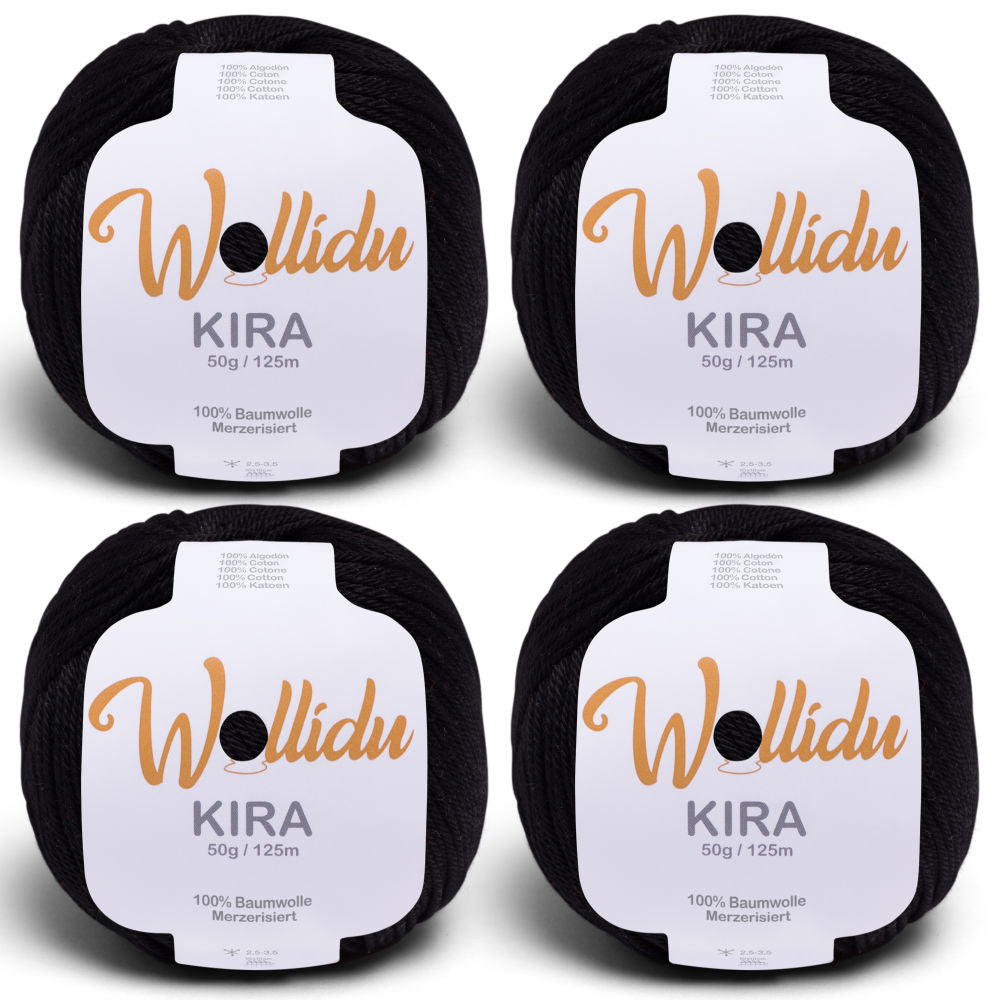 Wollidu Kira 4er Set 100% Baumwolle mercirisiert - 4x 50g Häkelgarn Strickgarn Schwarz