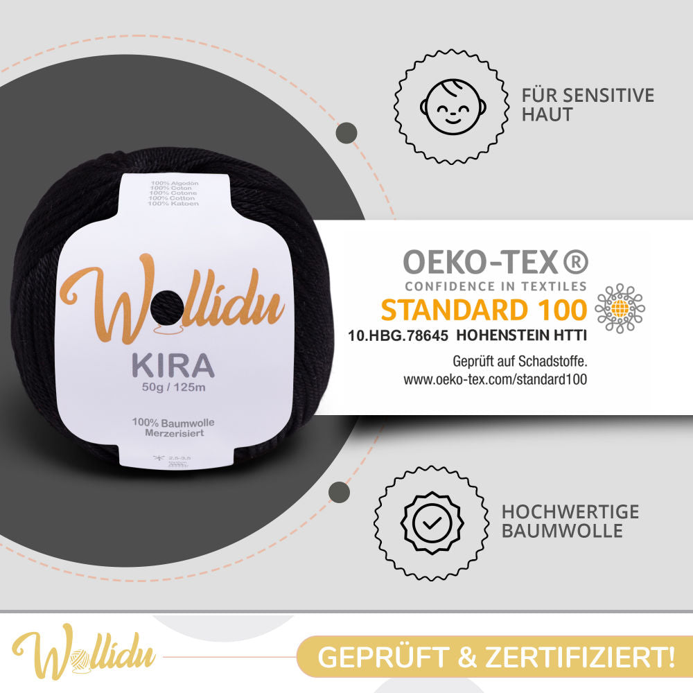 Wollidu Kira 4er Set 100% Baumwolle mercirisiert - 4x 50g Häkelgarn Strickgarn Schwarz