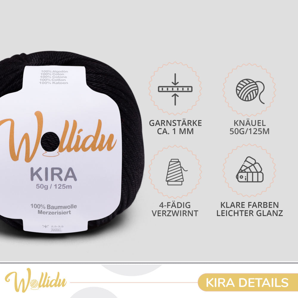 Wollidu Kira 4er Set 100% Baumwolle mercirisiert - 4x 50g Häkelgarn Strickgarn Schwarz