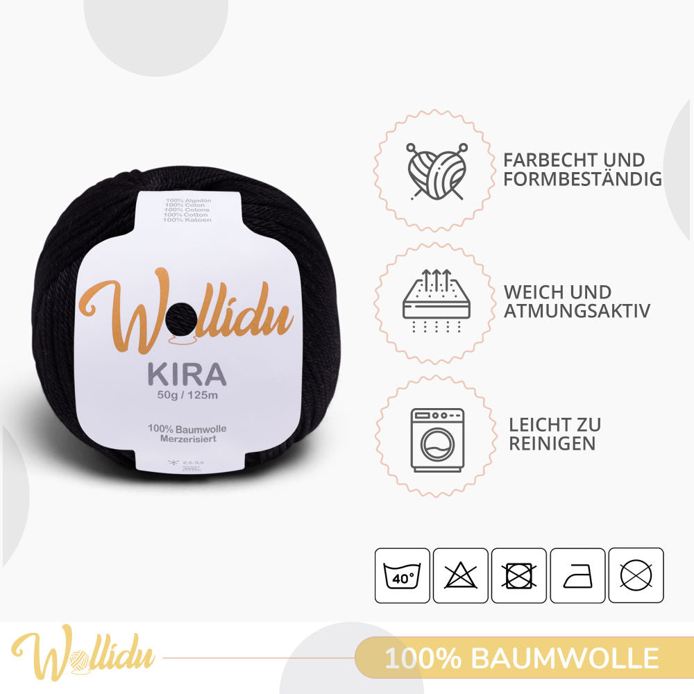 Wollidu Kira 4er Set 100% Baumwolle mercirisiert - 4x 50g Häkelgarn Strickgarn Schwarz