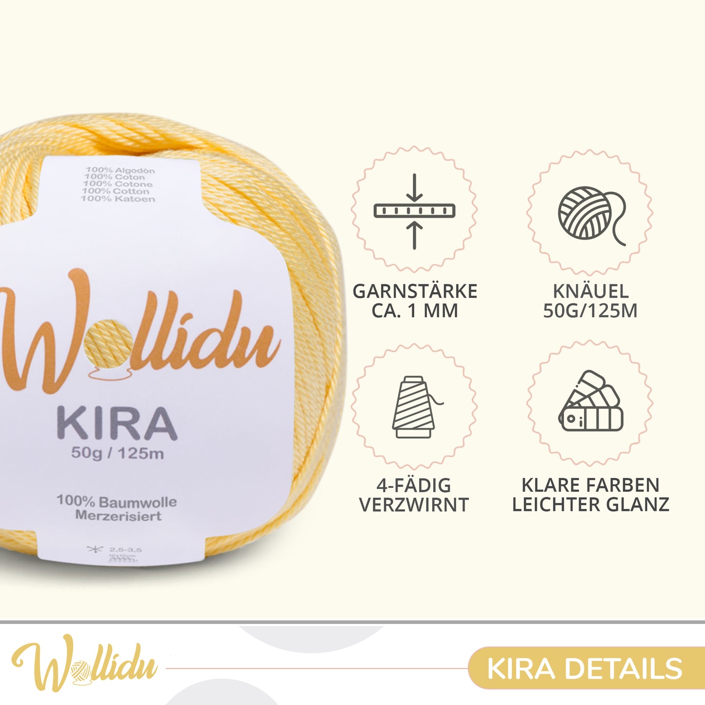 Wollidu Kira 10er Set 100% Baumwolle mercirisiert - 10x 50g Häkelgarn Strickgarn Gelb