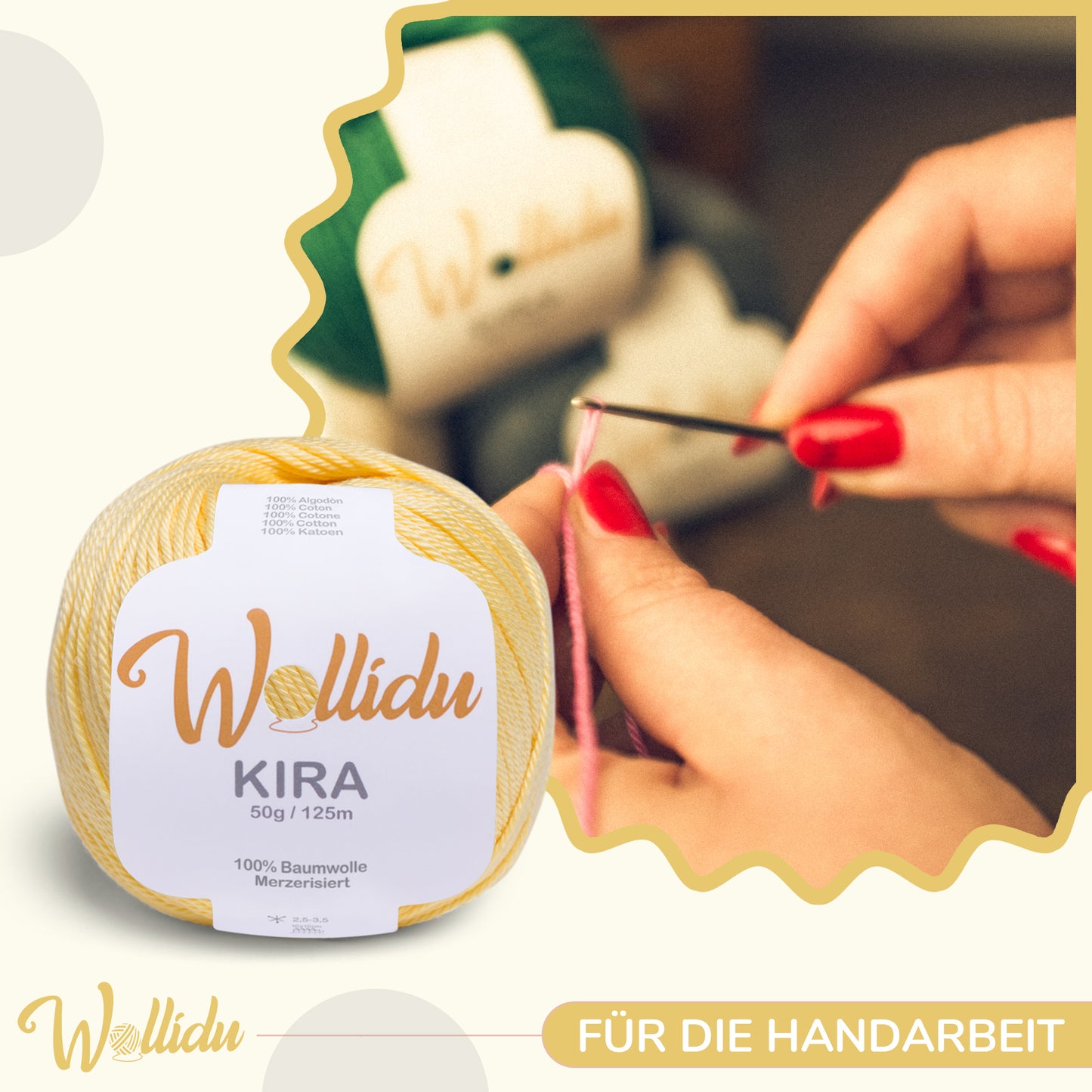 Wollidu Kira 10er Set 100% Baumwolle mercirisiert - 10x 50g Häkelgarn Strickgarn Gelb