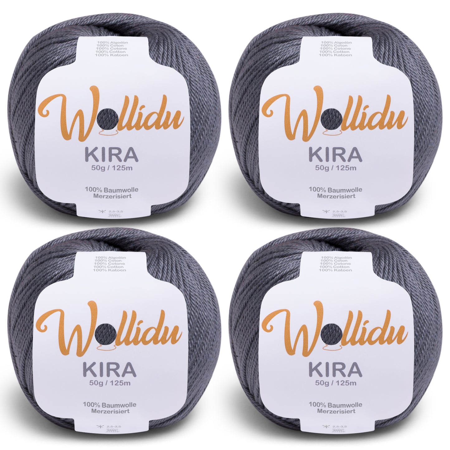 Wollidu Kira 4er Set 100% Baumwolle mercirisiert - 4x 50g Häkelgarn Strickgarn Dunkelgrau