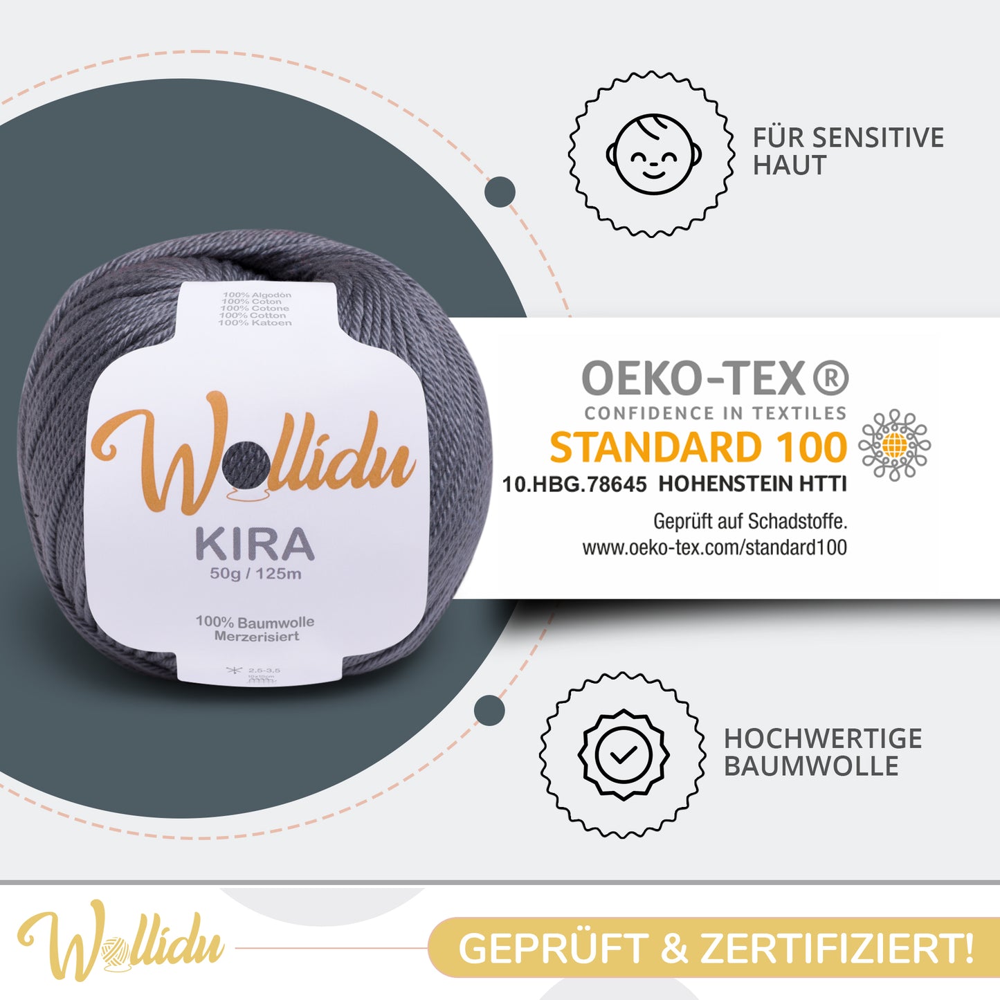 Wollidu Kira 4er Set 100% Baumwolle mercirisiert - 4x 50g Häkelgarn Strickgarn Dunkelgrau