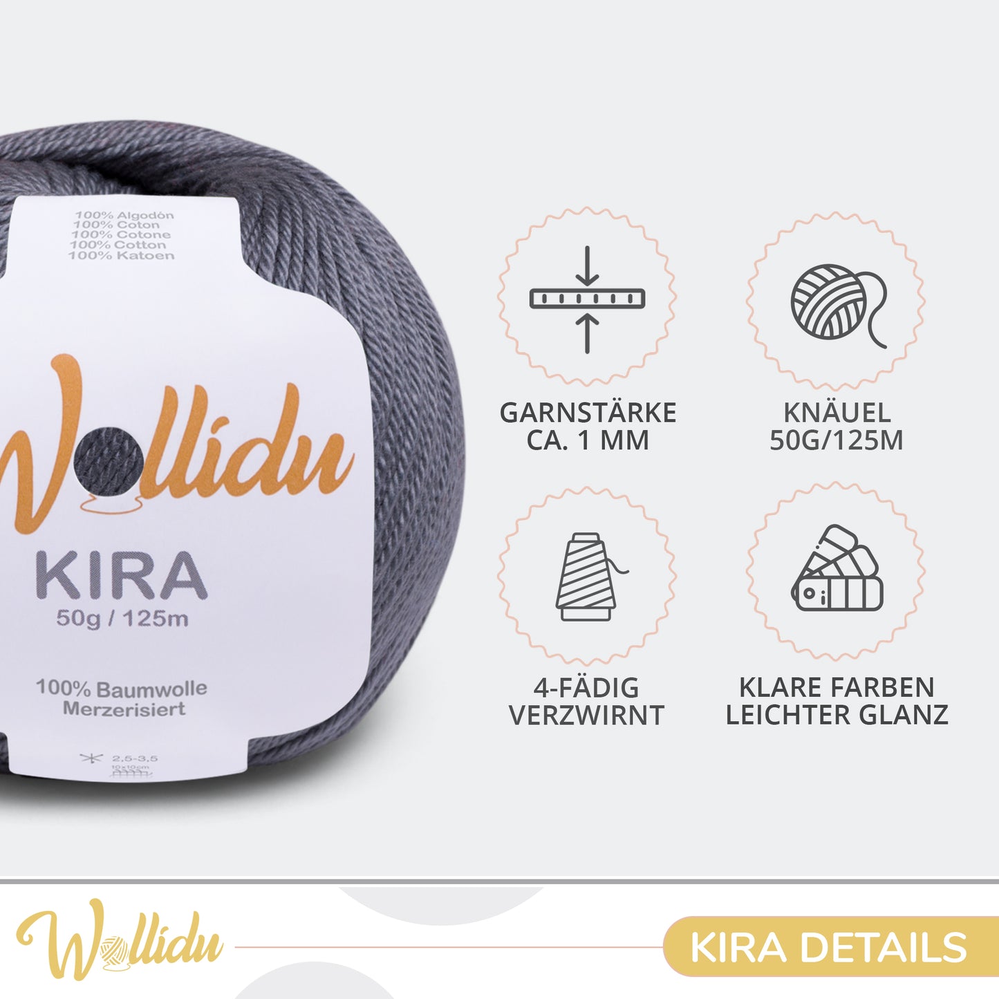 Wollidu Kira 4er Set 100% Baumwolle mercirisiert - 4x 50g Häkelgarn Strickgarn Dunkelgrau