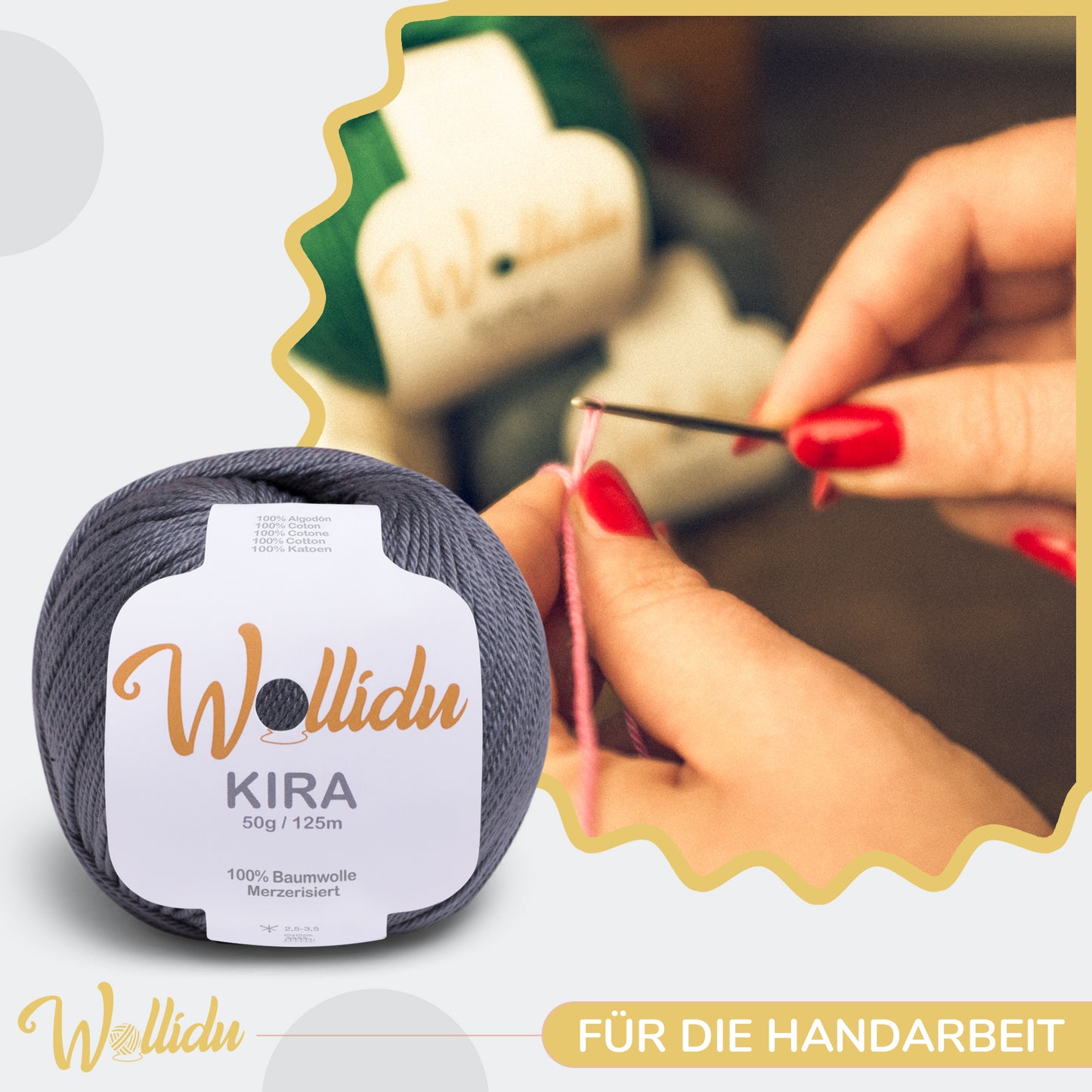Wollidu Kira 4er Set 100% Baumwolle mercirisiert - 4x 50g Häkelgarn Strickgarn Dunkelgrau