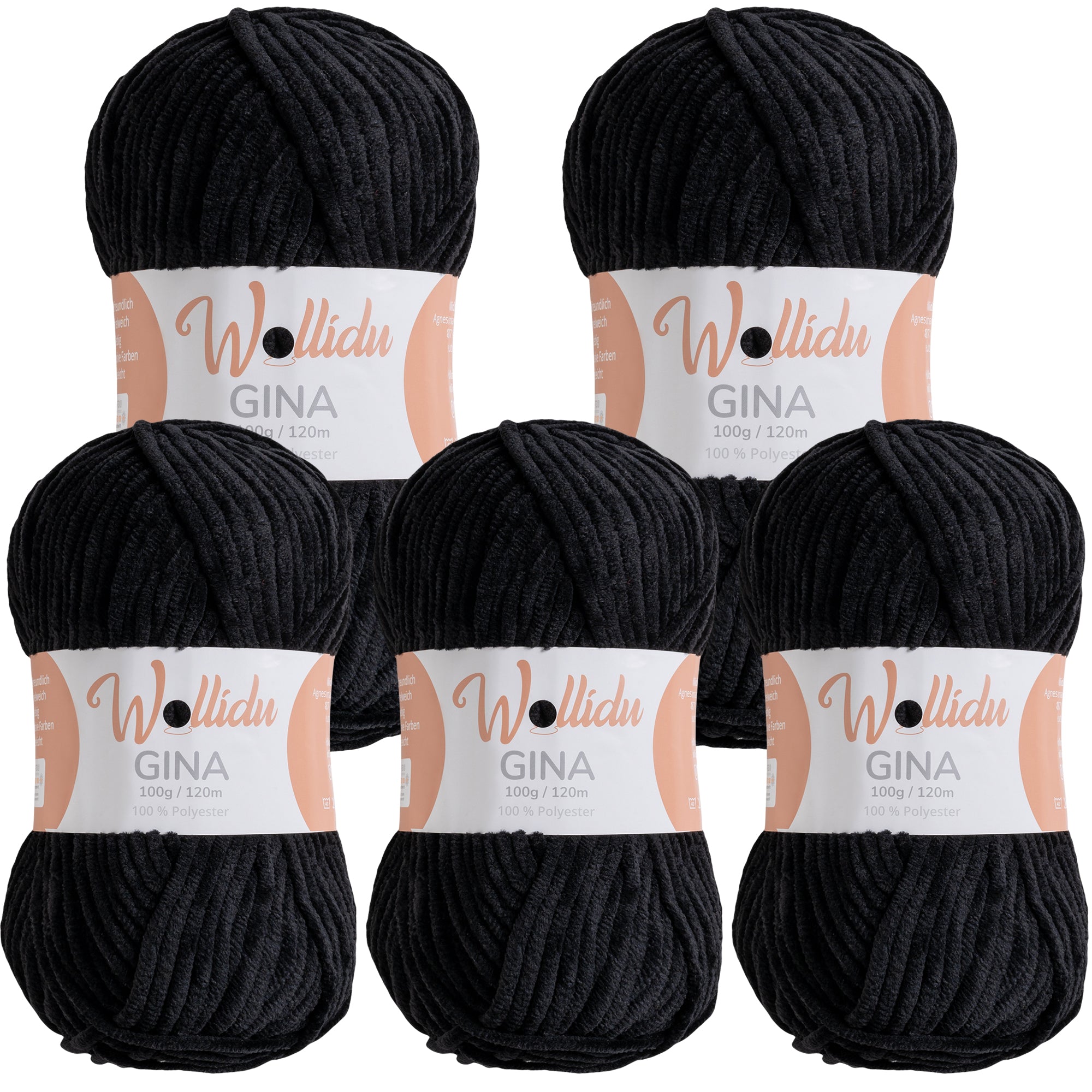 Gina 5er-Pack 100g – Flauschige Chenille-Wolle zum Häkeln & Stricken (OEKO-TEX®, 500g Gesamt)