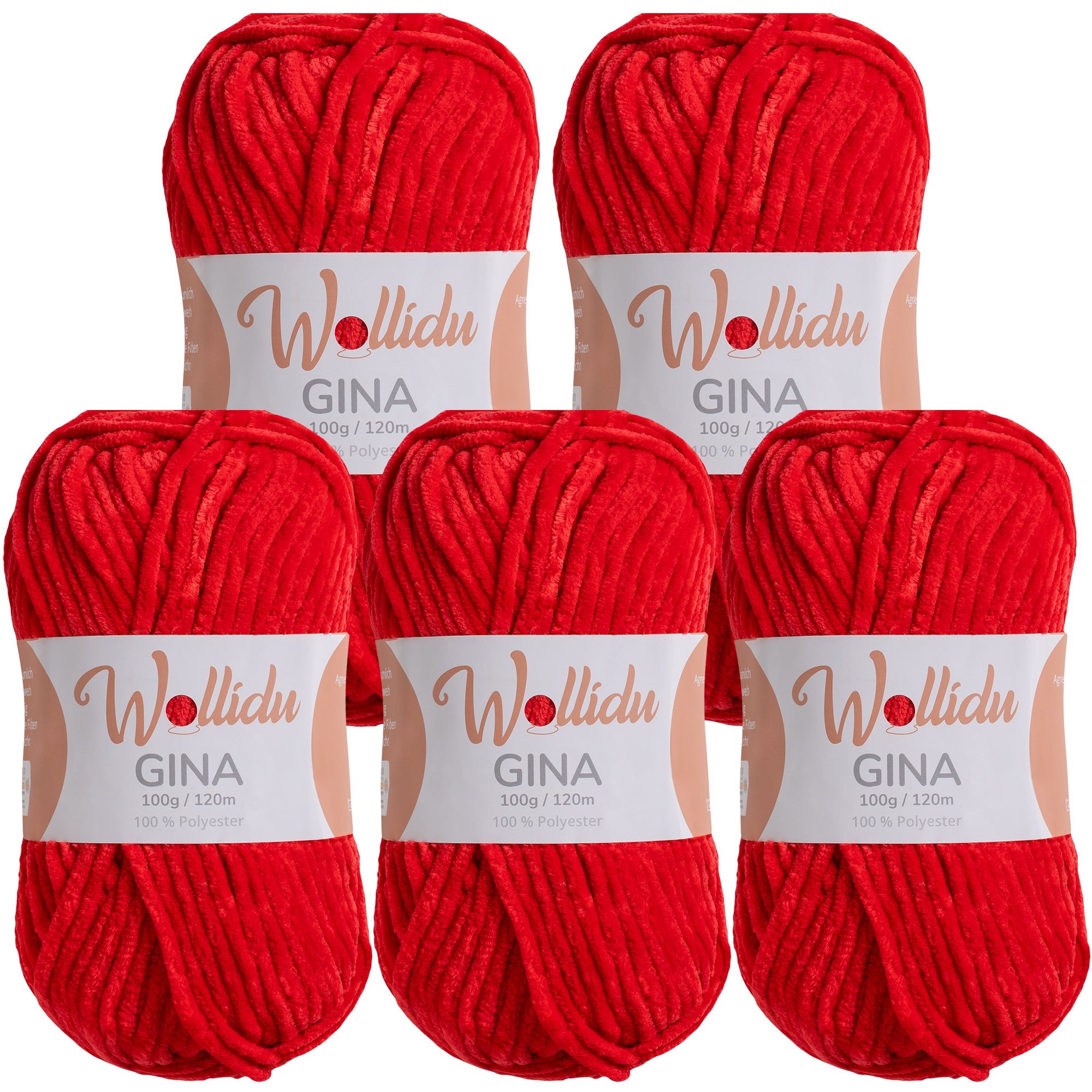 Gina 5er-Pack 100g – Flauschige Chenille-Wolle zum Häkeln & Stricken (OEKO-TEX®, 500g Gesamt)