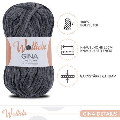 Wollidu Gina 100% Polyester 5 x 100g/120m - Anthrazit Dunkelgrau