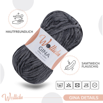 Wollidu Gina 100% Polyester 5 x 100g/120m - Anthrazit Dunkelgrau