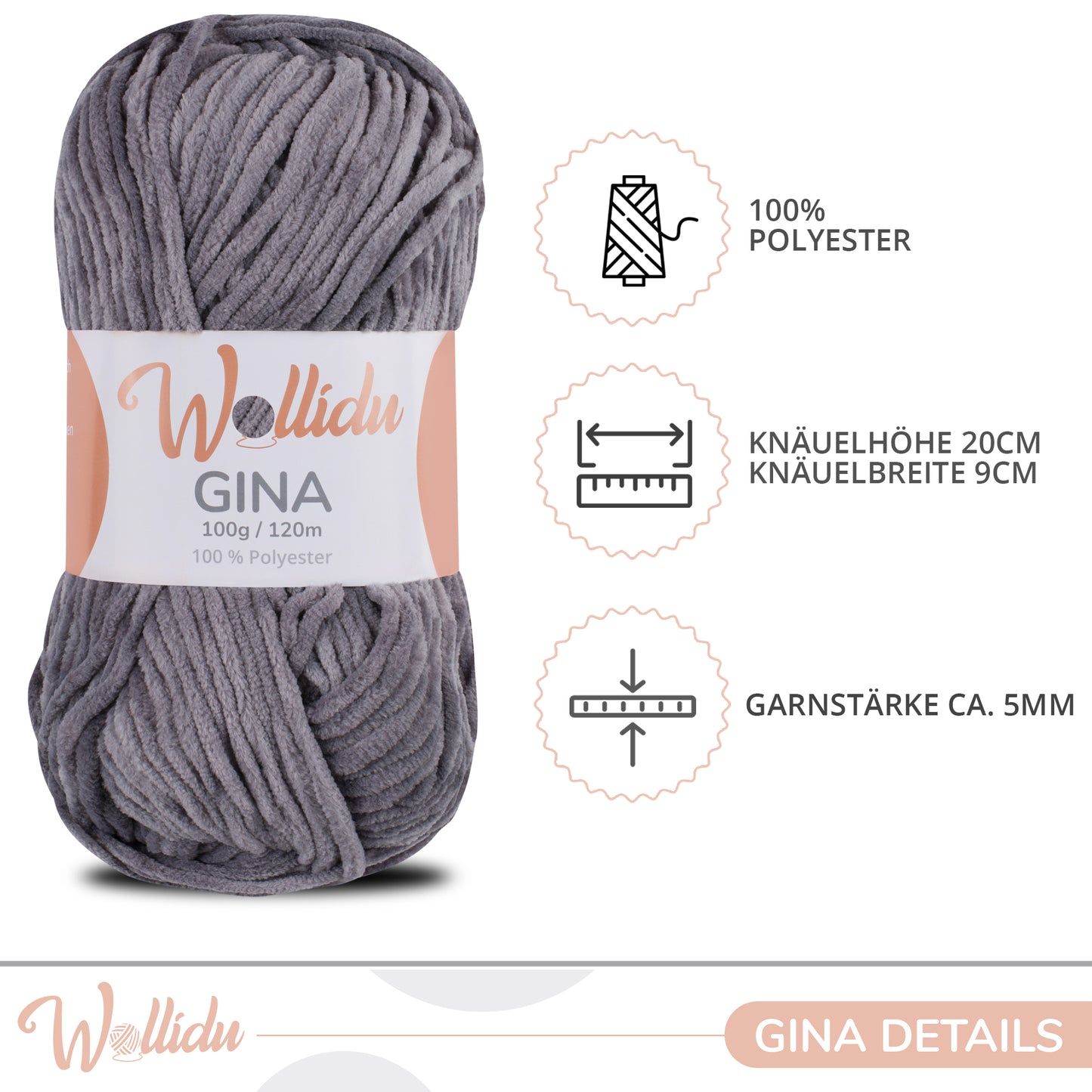 Wollidu Gina 100% Polyester 5 x 100g/120m - Grau