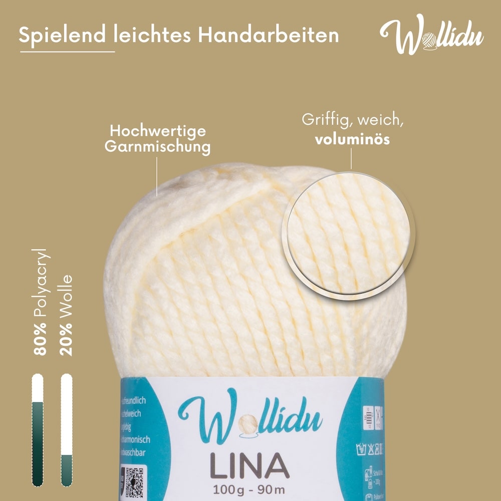 Wollidu Lina dicke Wolle zum Stricken und Häkeln 5x 100g/90m - Creme