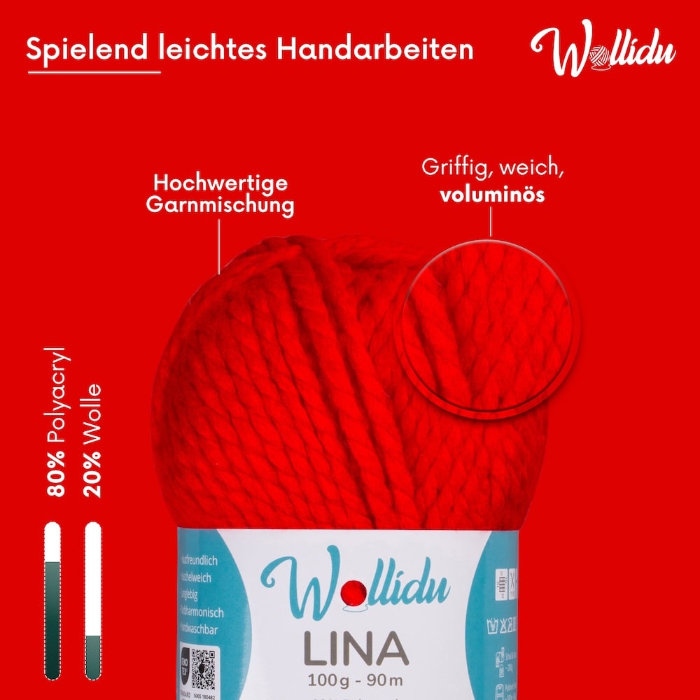 Wollidu Lina dicke Wolle zum Stricken und Häkeln 5x 100g/90m - Rot
