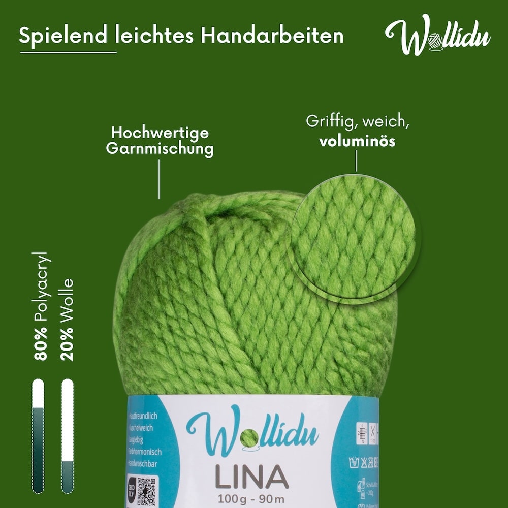 Wollidu Lina dicke Wolle zum Stricken und Häkeln 5x 100g/90m - Grün